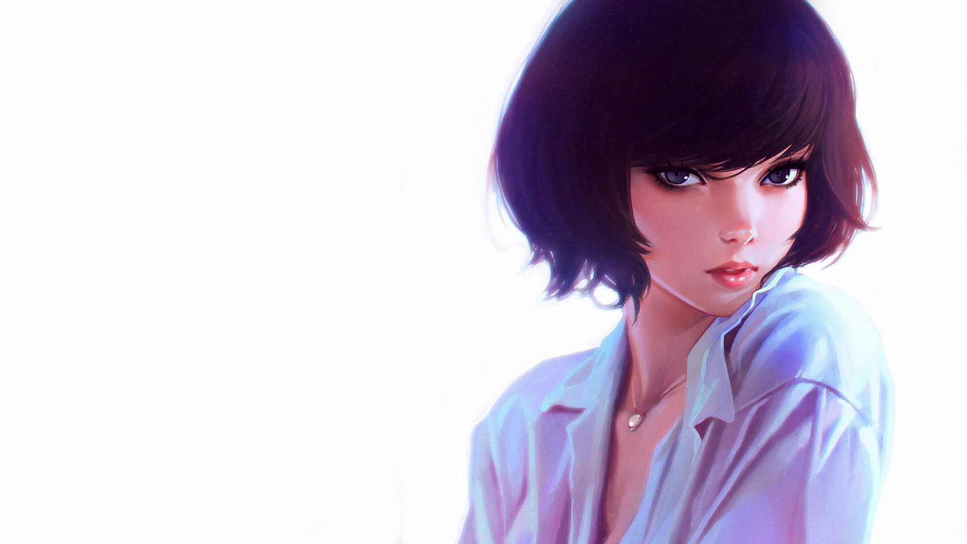 Woman with short dark hair wearing a white shirt HD Wallpaper