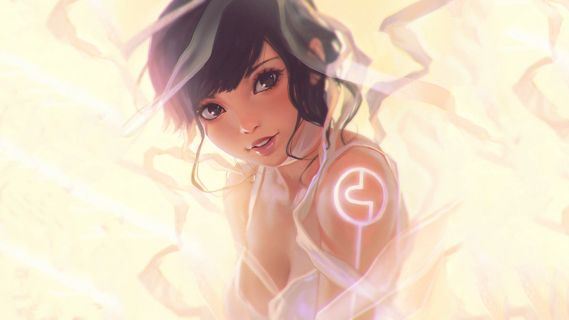 Woman with short dark hair and glowing symbol HD Wallpaper
