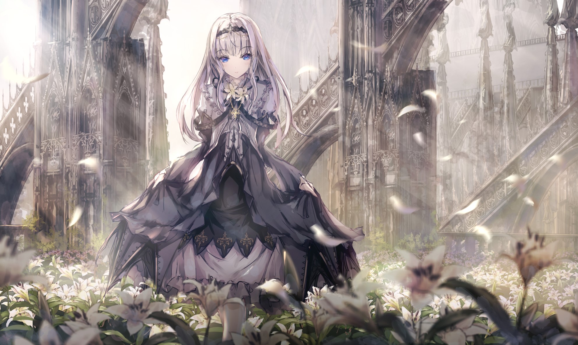 Anime girl with white hair and blue eyes in a dark dress HD Wallpaper