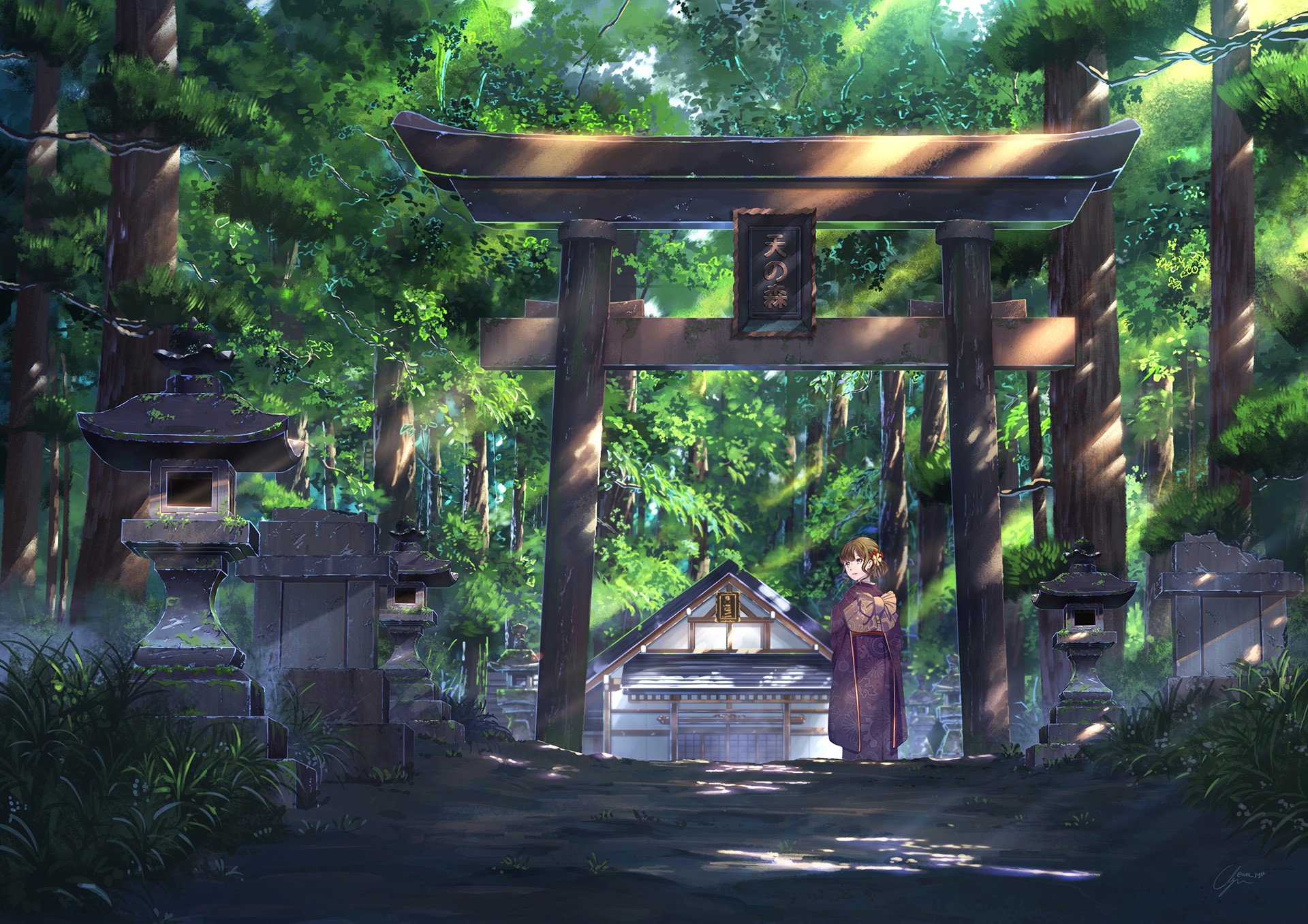 Anime girl in kimono at a Japanese shrine in a forest HD Wallpaper