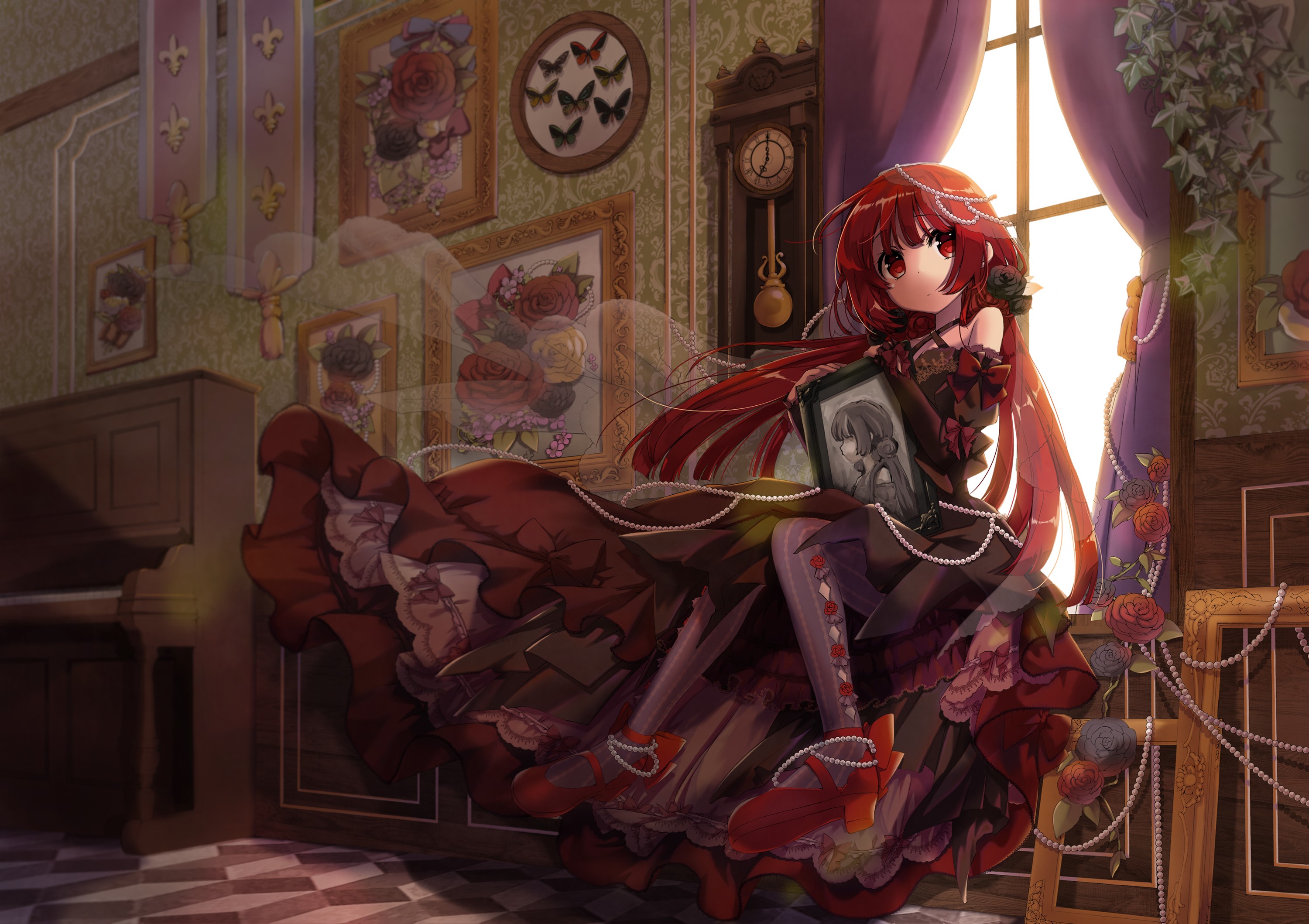 Anime girl with red hair holding a framed picture HD Wallpaper