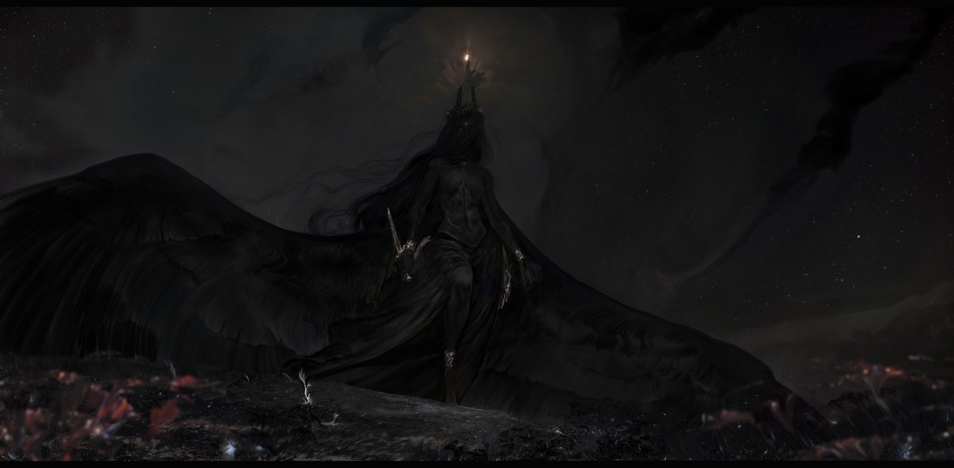 Dark Souls III artwork of a dark winged figure HD Wallpaper