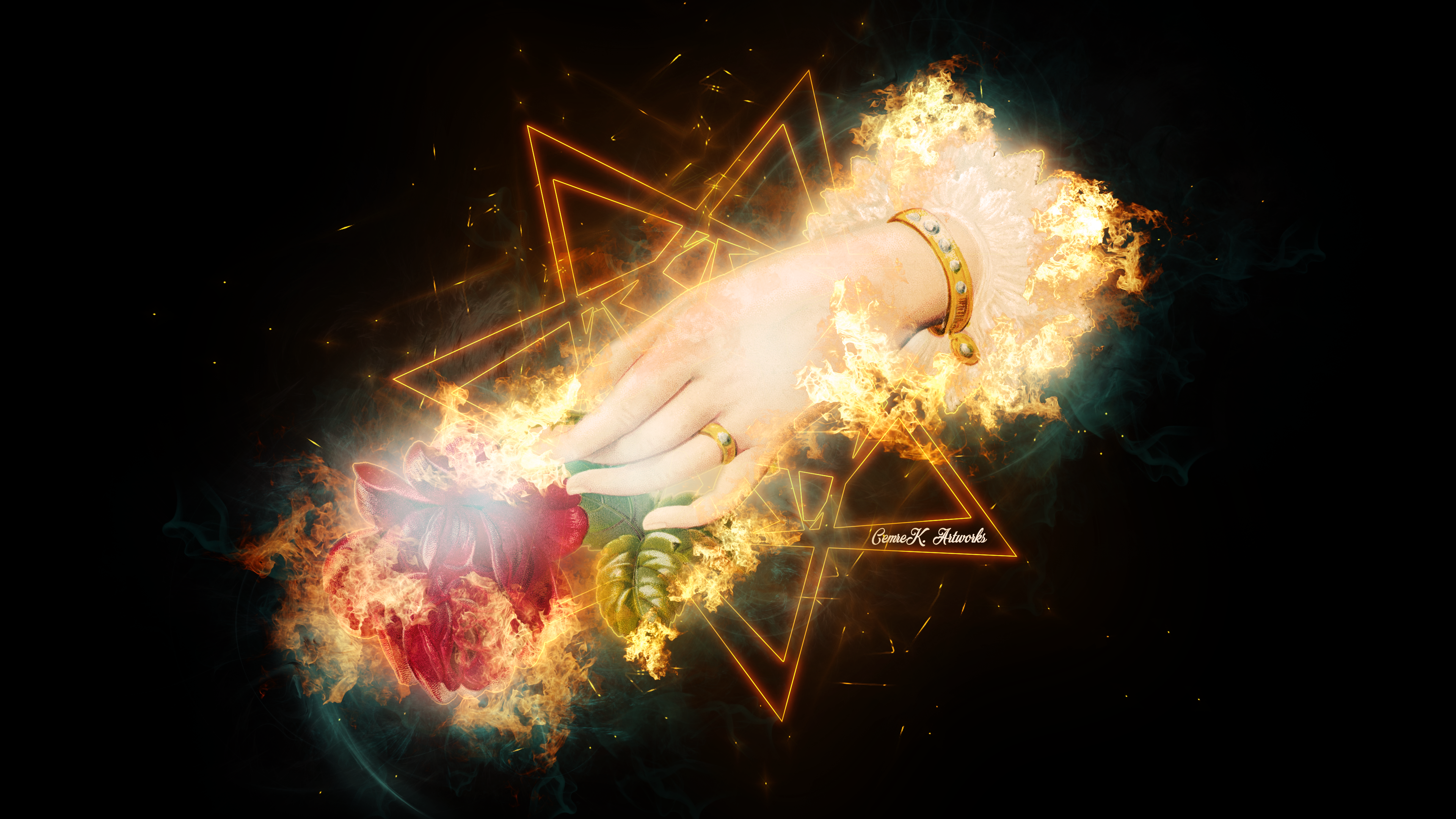 Hand holding a burning rose with geometric fire overlay HD Wallpaper