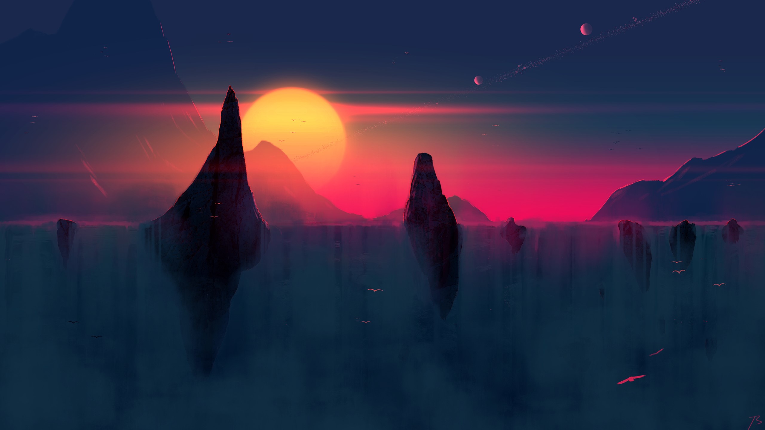 Digital art of a surreal alien landscape with floating islands and a large sun HD Wallpaper