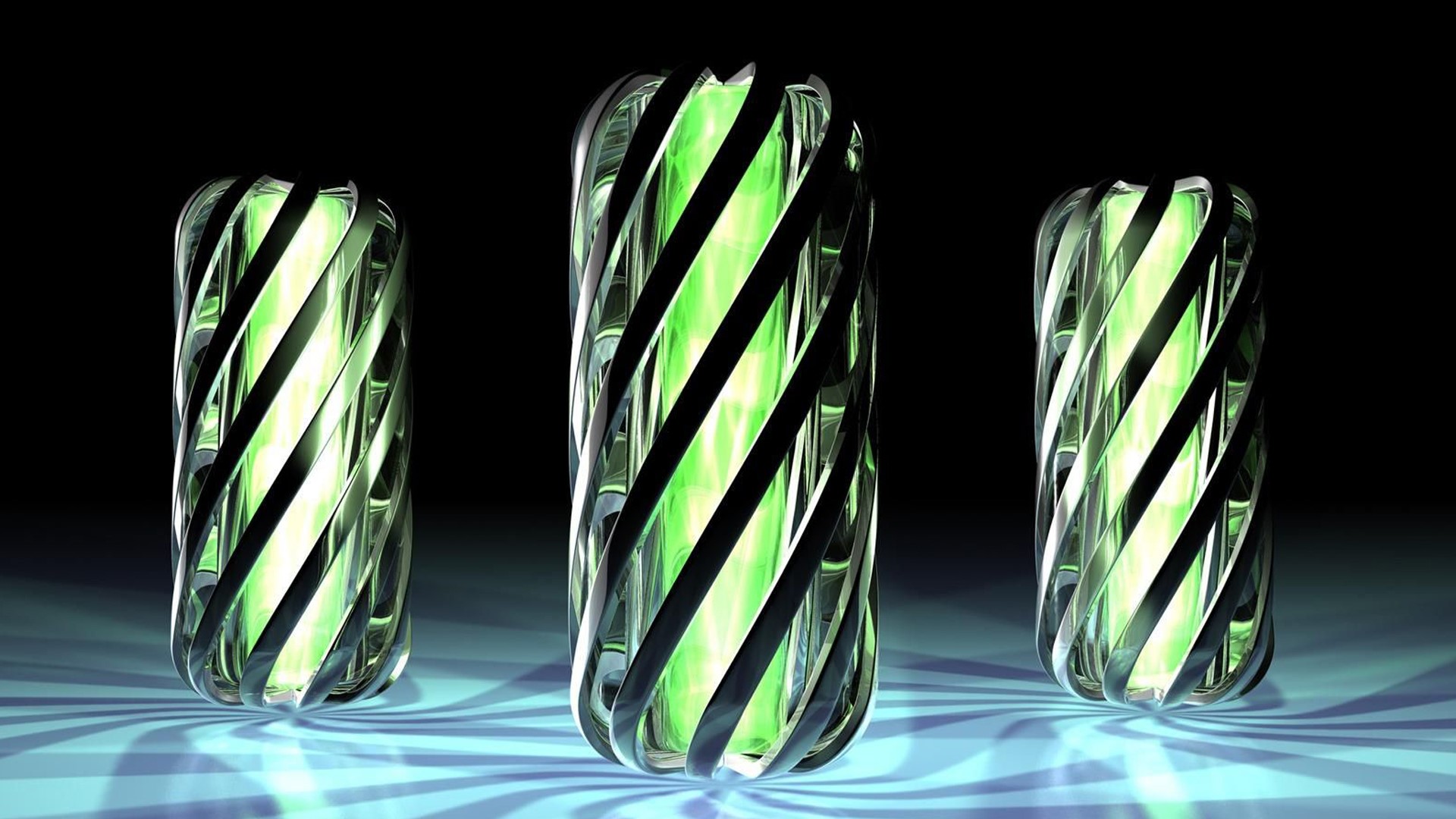 Three abstract glowing capsules on a reflective surface HD Wallpaper