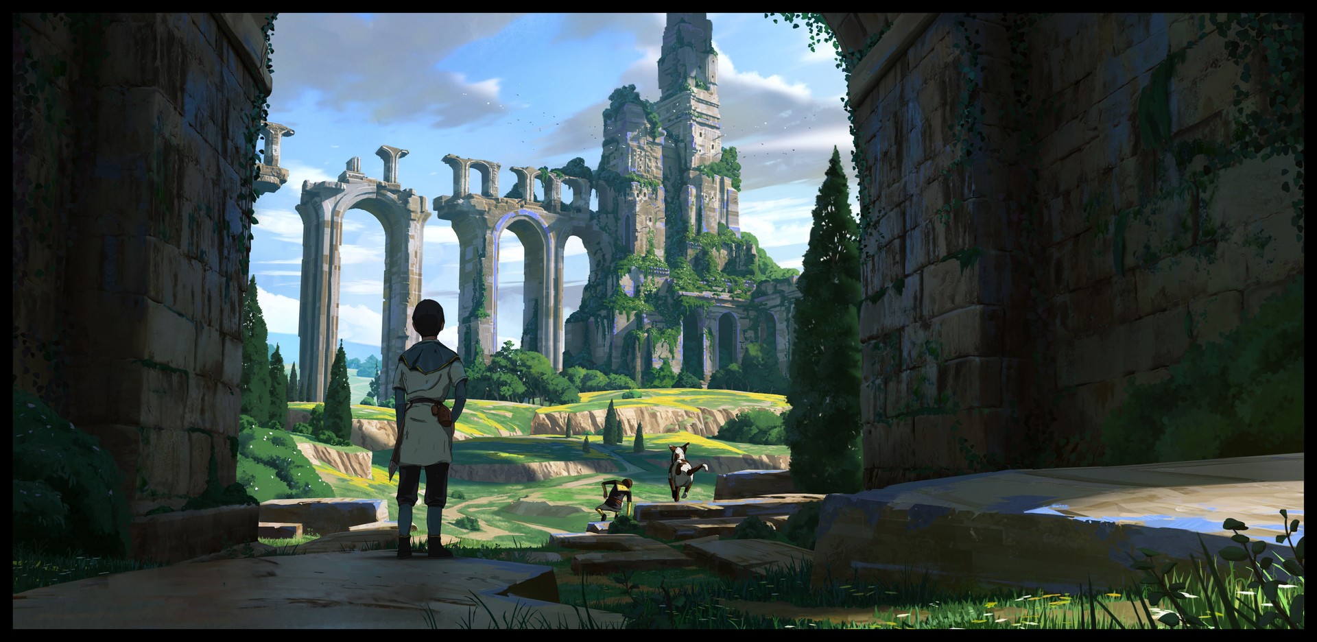 Fantasy ruins with a person and a dog HD Wallpaper