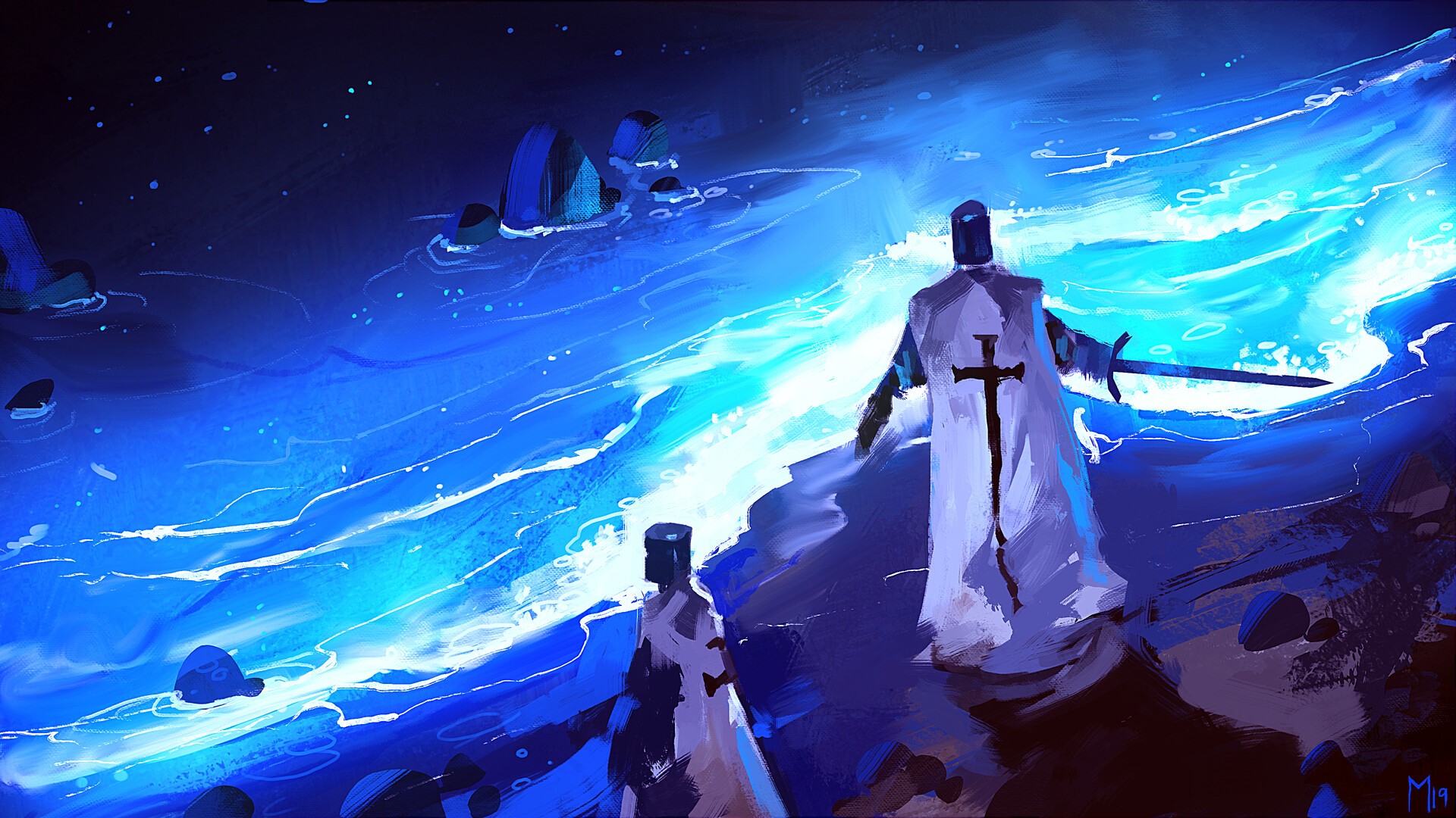 Two knights in white capes with swords on a dark beach at night HD Wallpaper