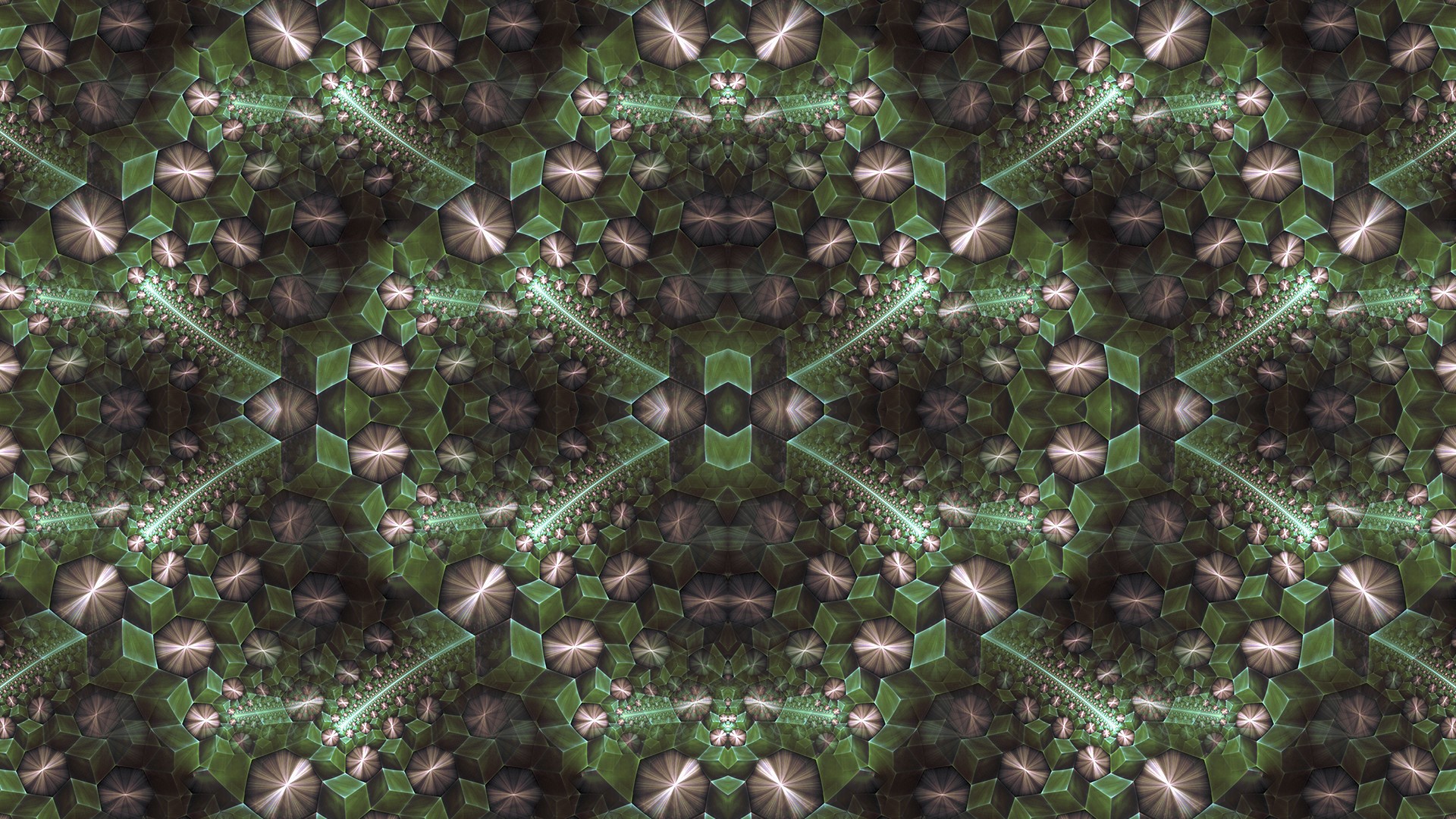 Symmetrical fractal pattern with green and beige geometric shapes HD Wallpaper