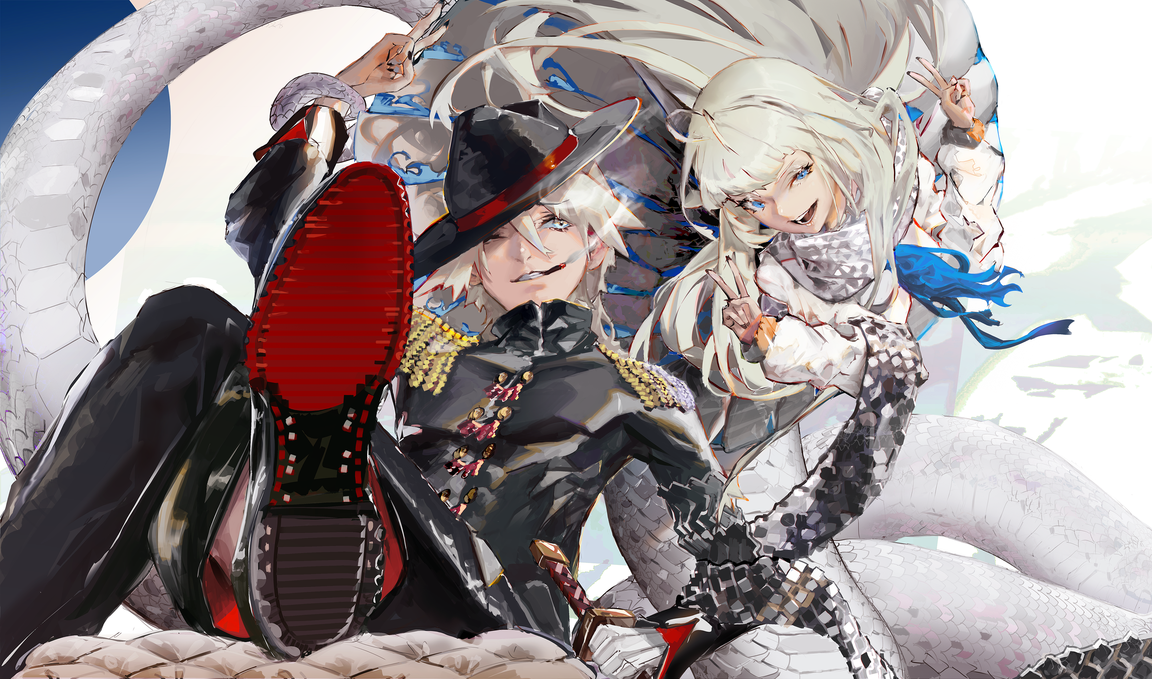Anime characters with white hair and snake-like features HD Wallpaper