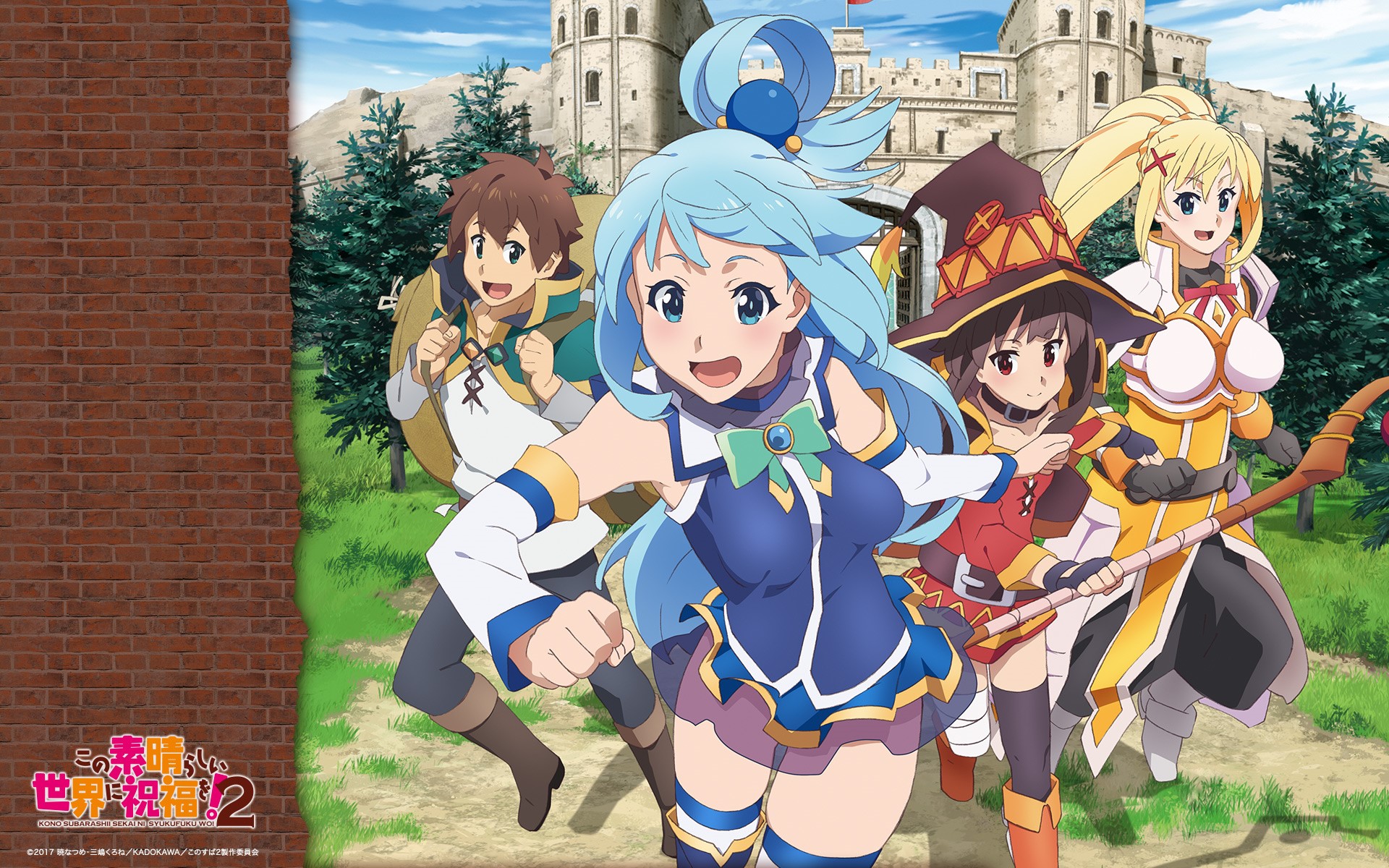 Aqua, Megumin, Darkness, and Kazuma from KonoSuba HD Wallpaper