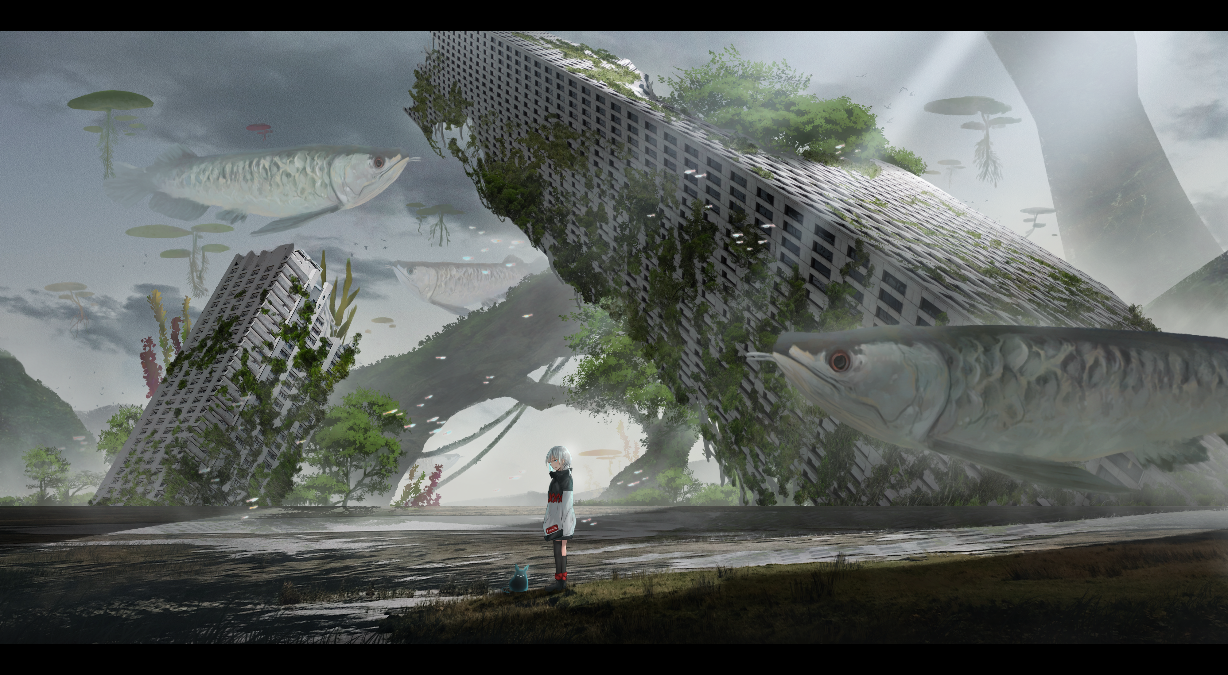Fantasy art of ruins with fish and anime girl HD Wallpaper