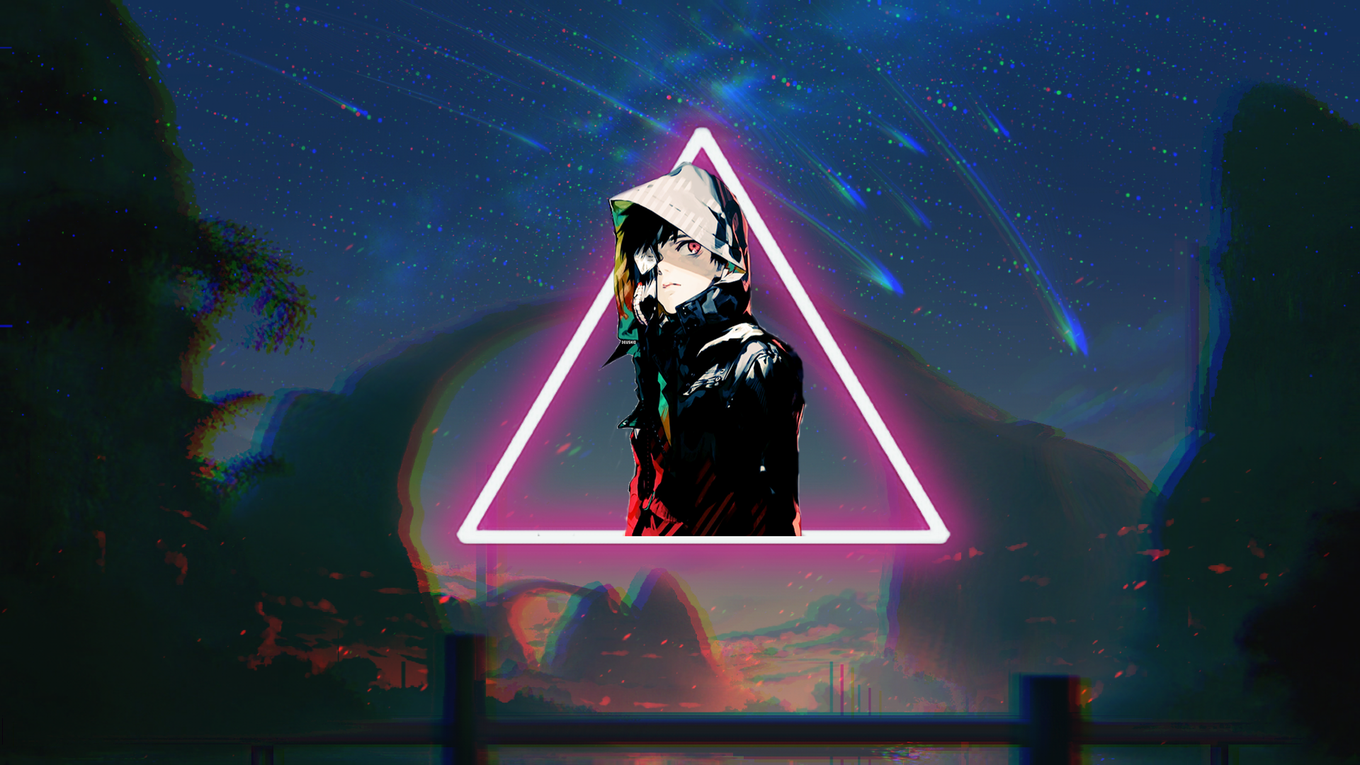 Anime boy with red eyes in a triangle HD Wallpaper
