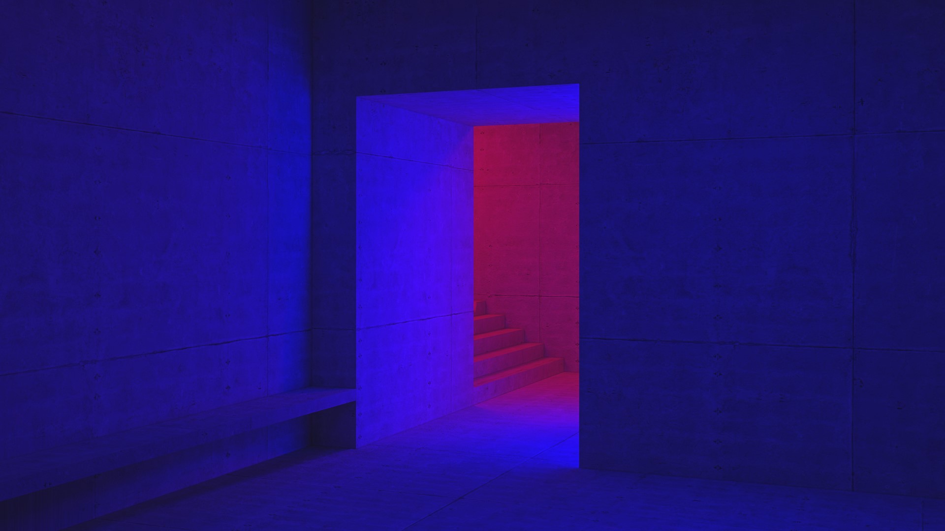 Minimalist concrete interior with blue and red lighting HD Wallpaper