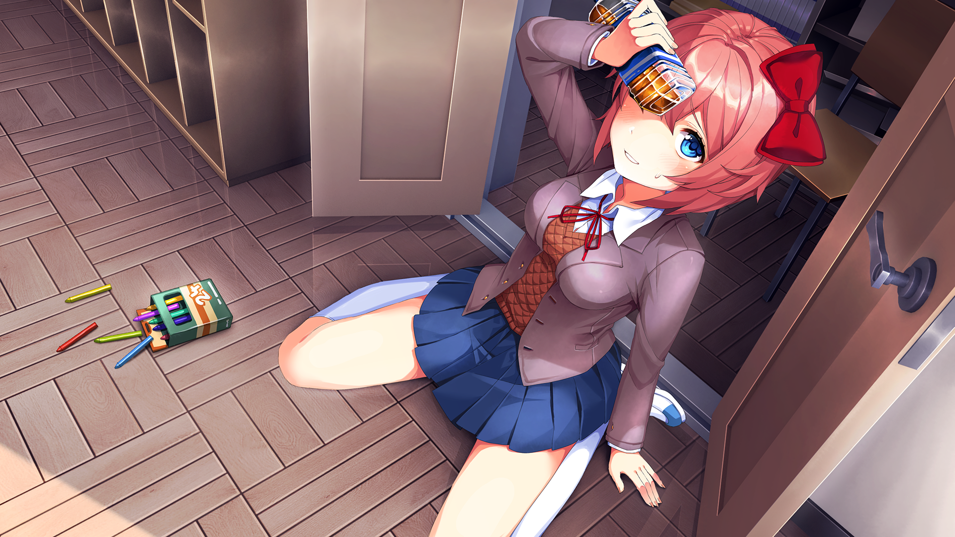 Sayori from Doki Doki Literature Club holding a drink HD Wallpaper