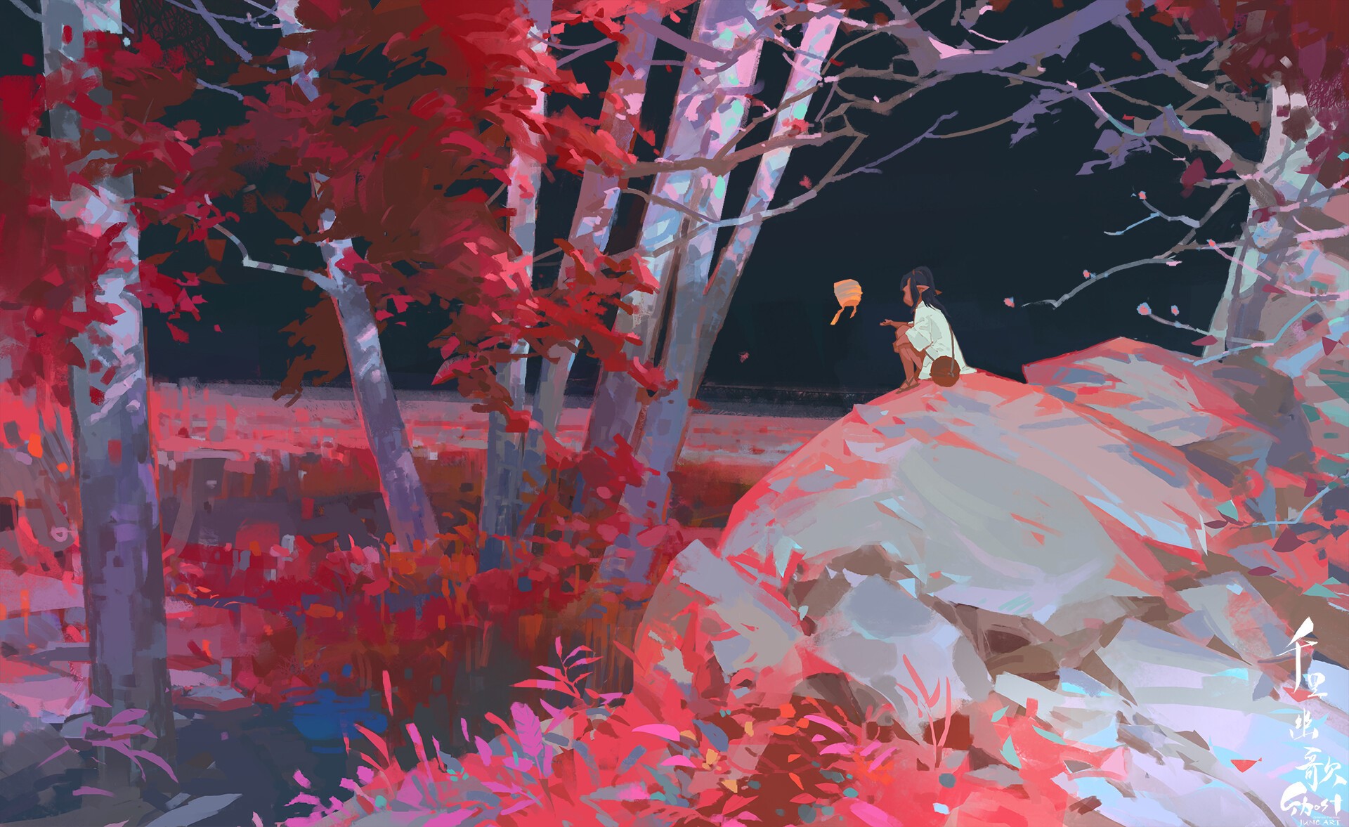 Fantasy art of a girl with a lantern in a red forest HD Wallpaper