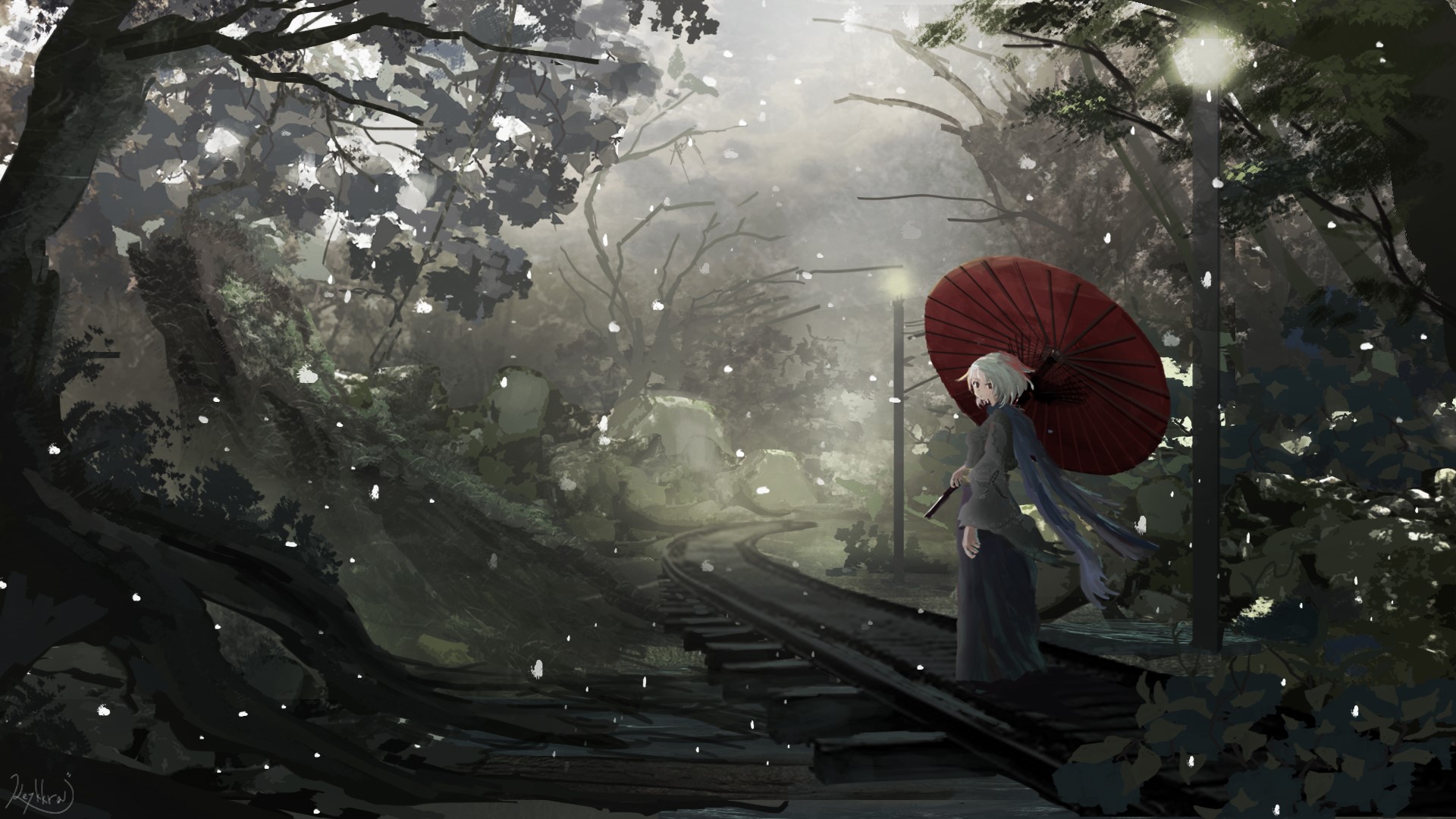 Girl with umbrella on train tracks in snow HD Wallpaper