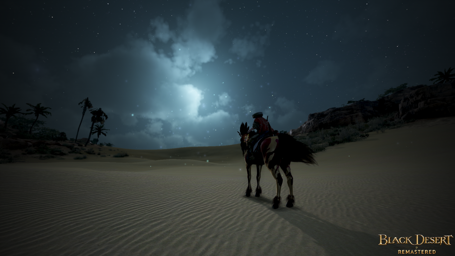 Ninja from Black Desert Online on a horse in a desert at night HD Wallpaper