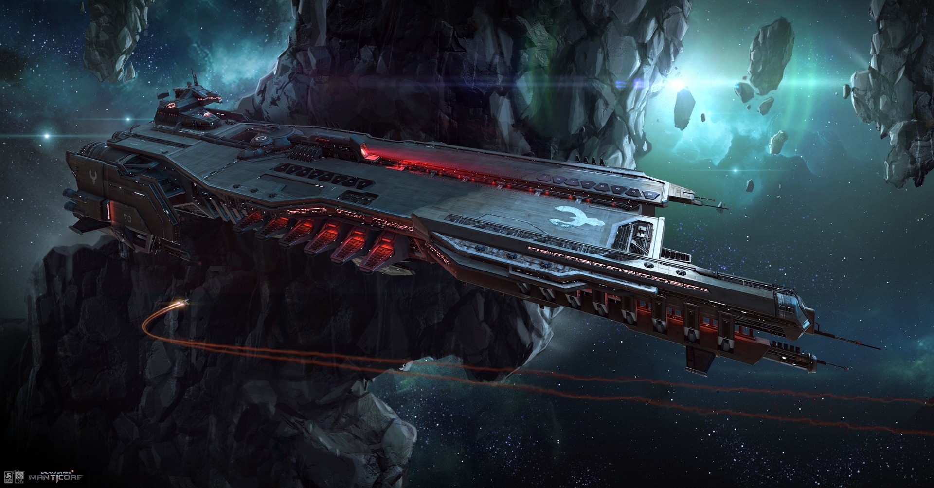 Massive spaceship navigating through an asteroid field HD Wallpaper