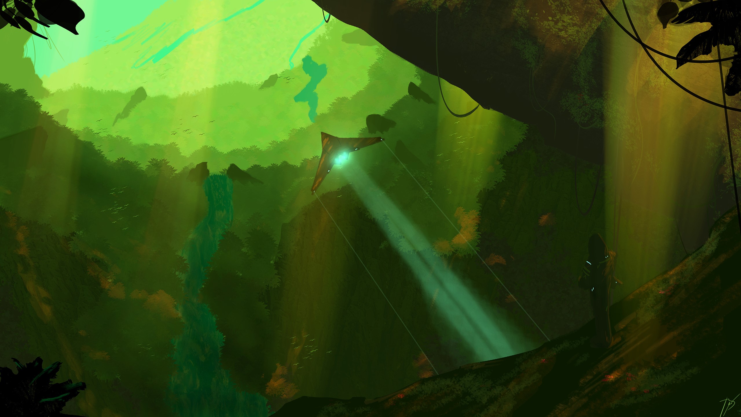 Science fiction jungle with a flying vehicle HD Wallpaper