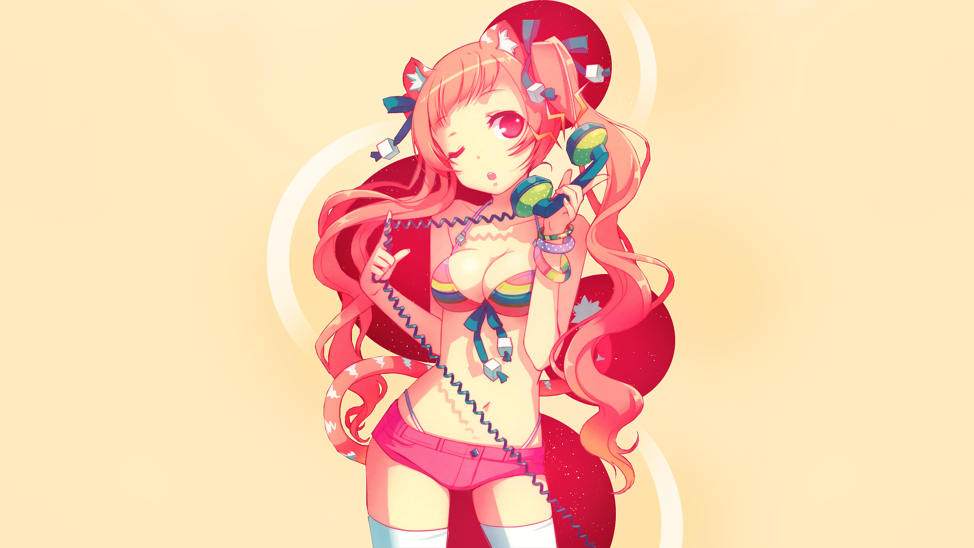 Anime girl with pink hair holding a phone HD Wallpaper