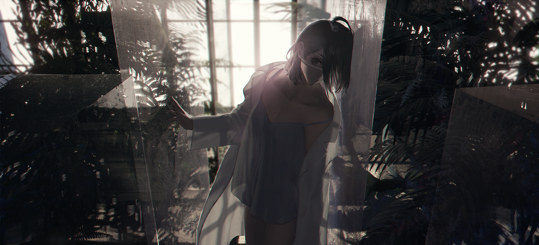 Anime girl in a white coat and mask in a greenhouse HD Wallpaper
