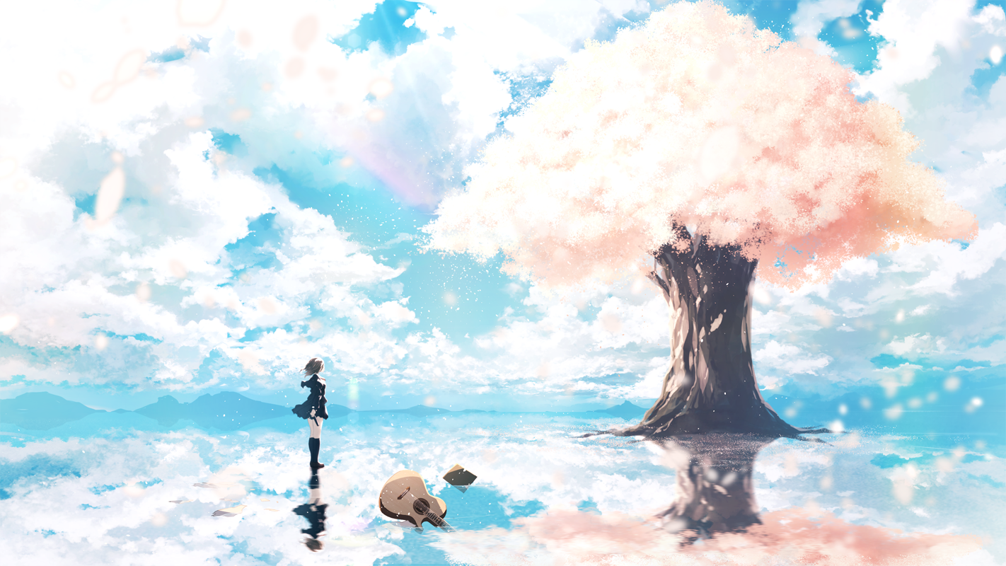 Anime girl by a cherry blossom tree with a guitar HD Wallpaper