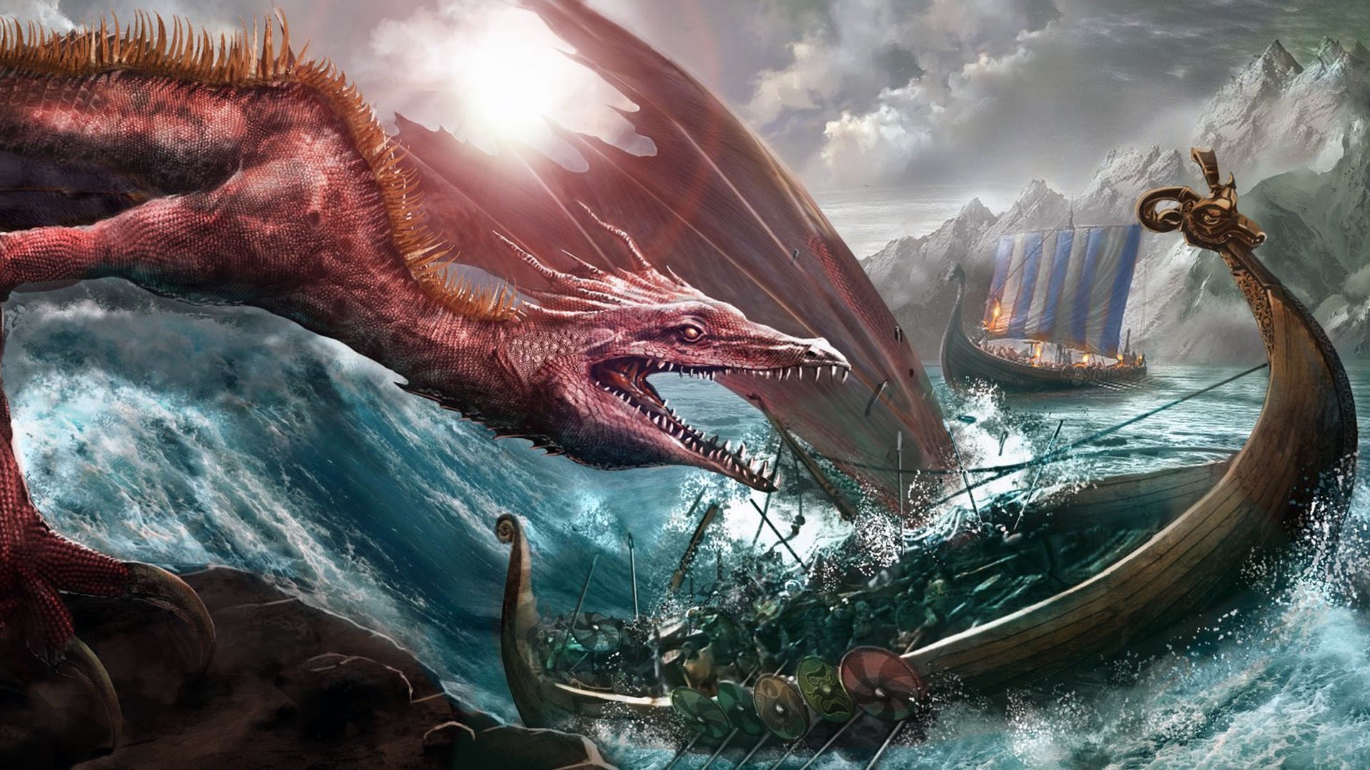 Dragon attacking Viking longships in stormy seas HD Wallpaper