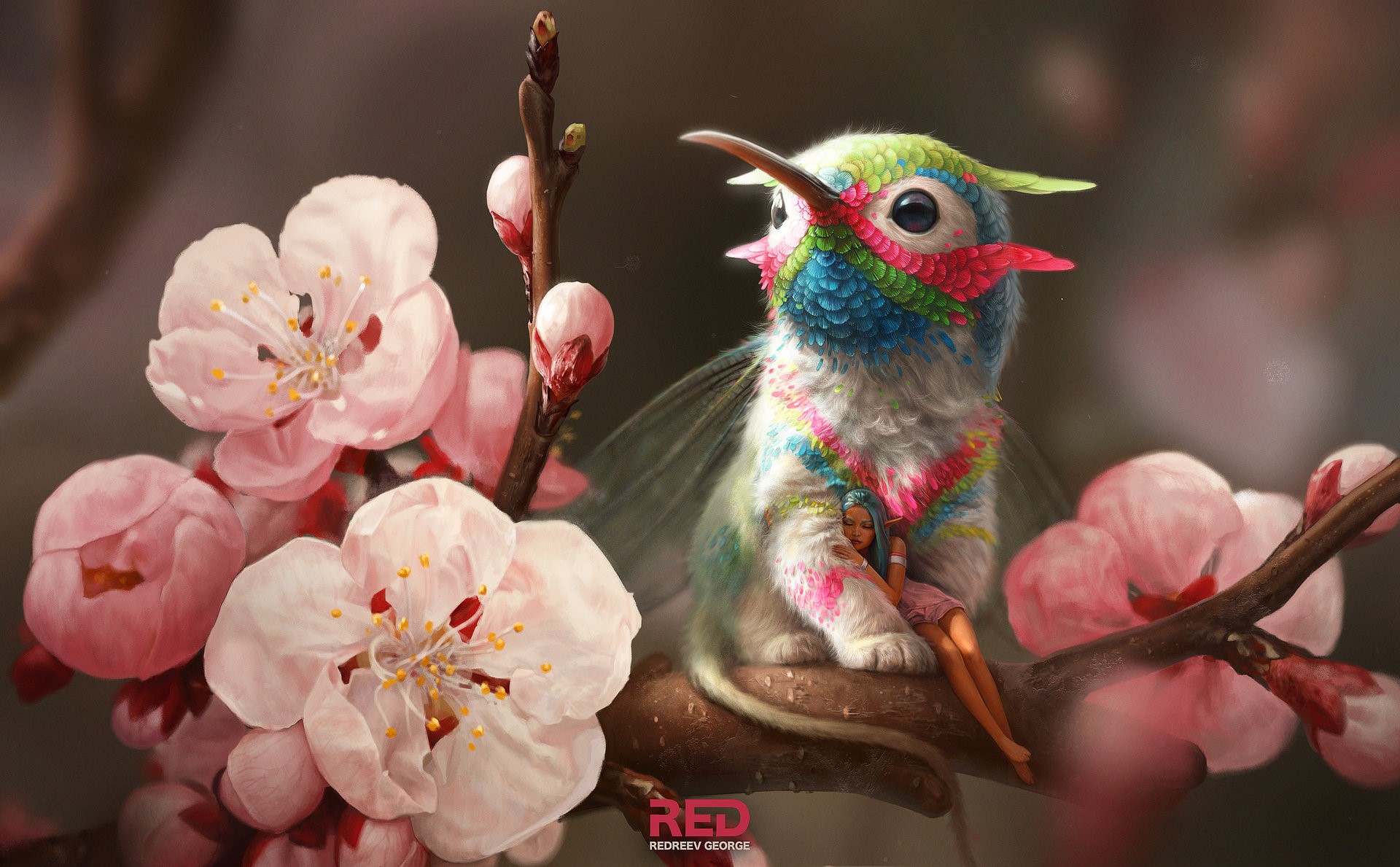 Fantasy hummingbird with doll on cherry blossoms HD Wallpaper