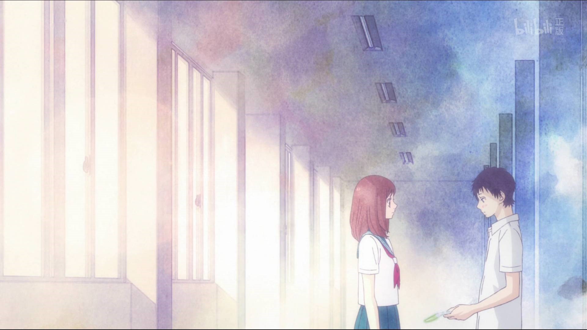 Anime school hallway with two students HD Wallpaper