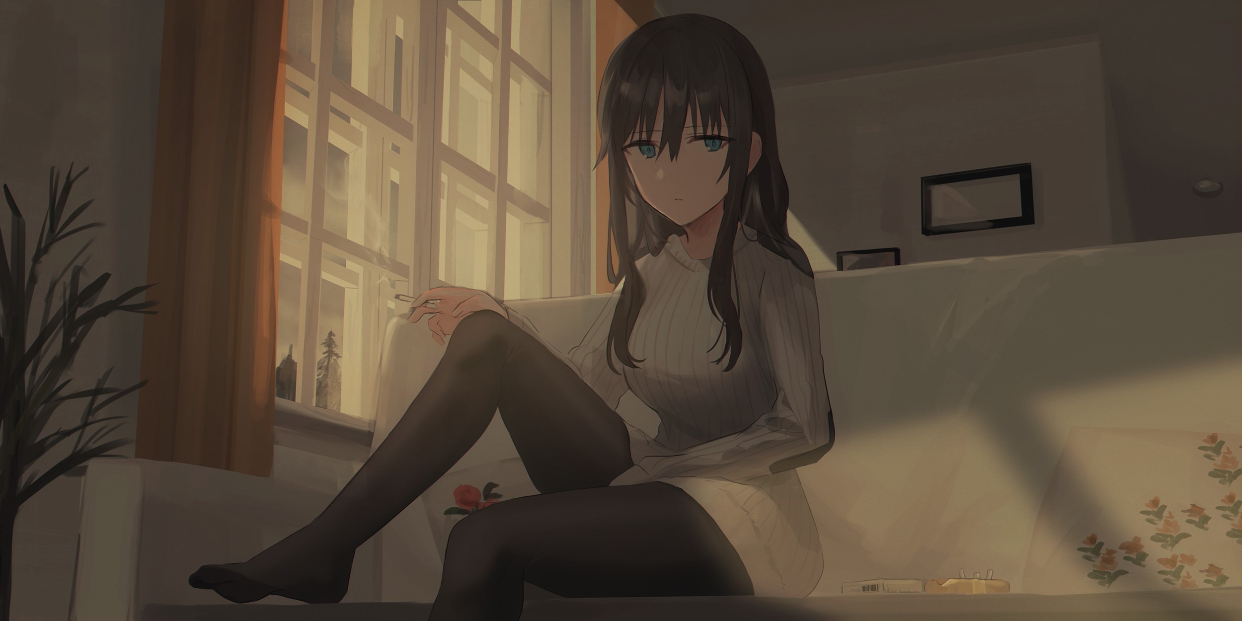 Chihuri 45 from Strike Witches smoking on a couch HD Wallpaper