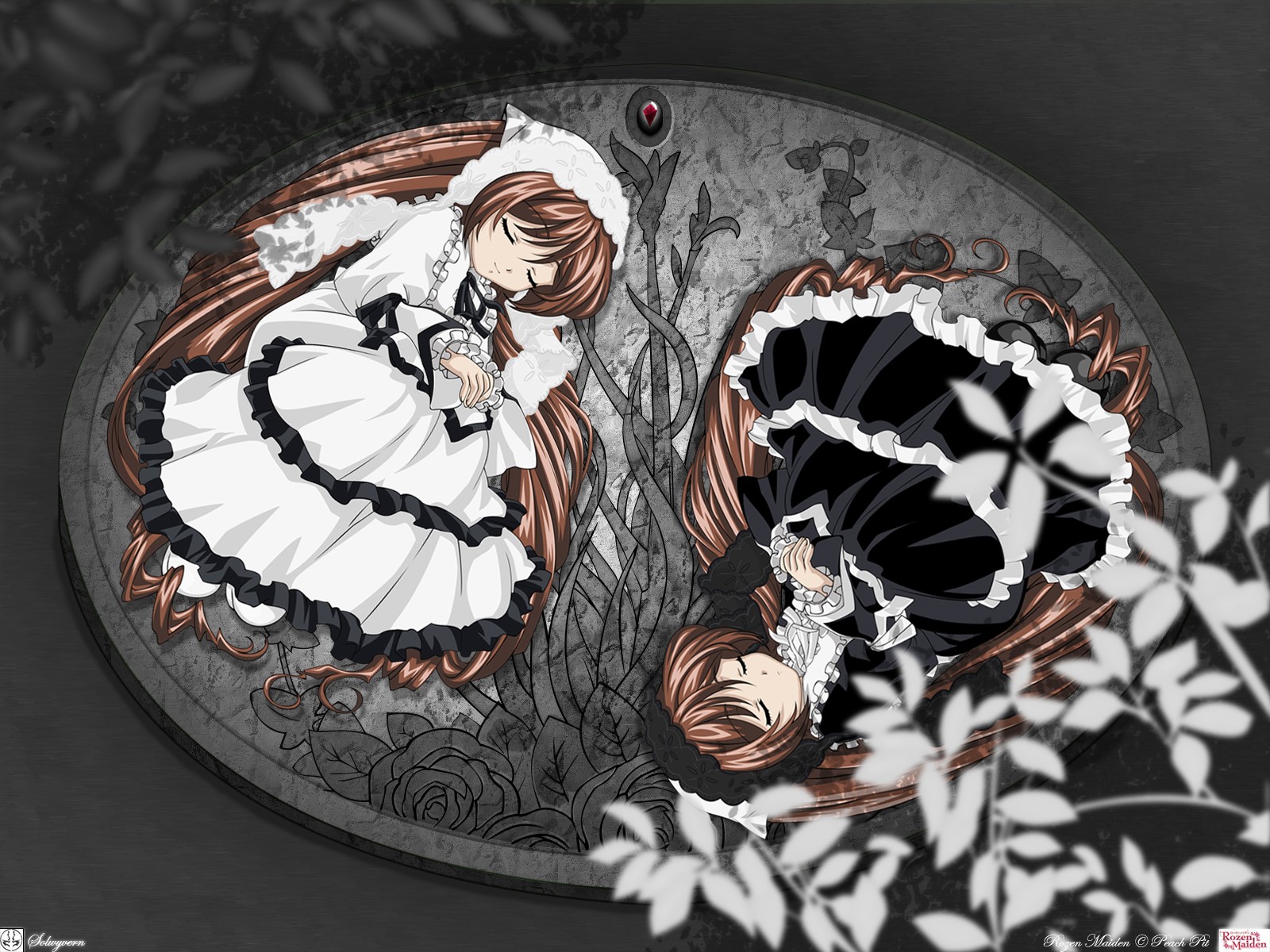 Two gothic lolita girls sleeping on a yin-yang symbol HD Wallpaper