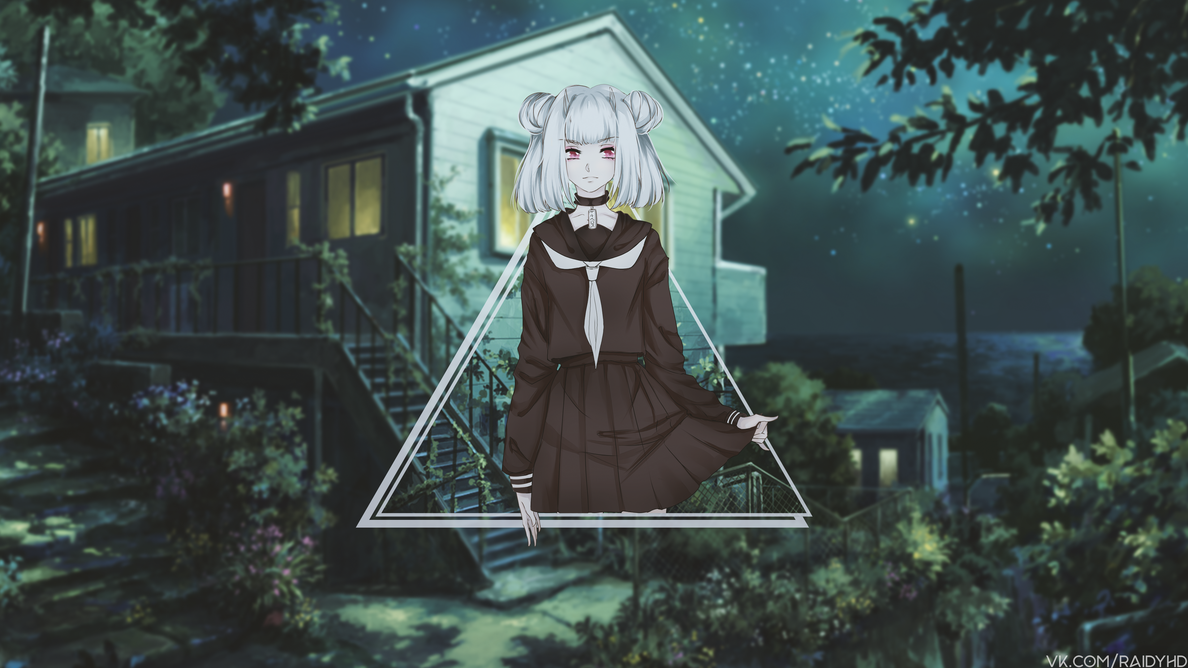 Anime girl in school uniform at night HD Wallpaper