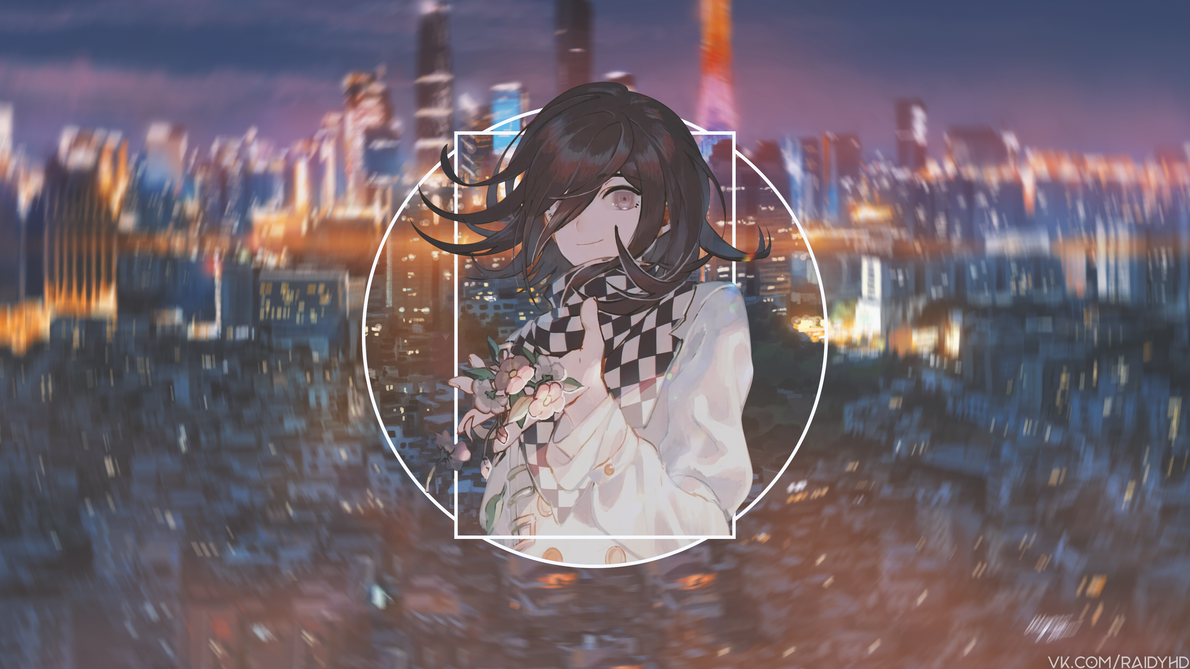Anime girl with flowers in front of city skyline HD Wallpaper