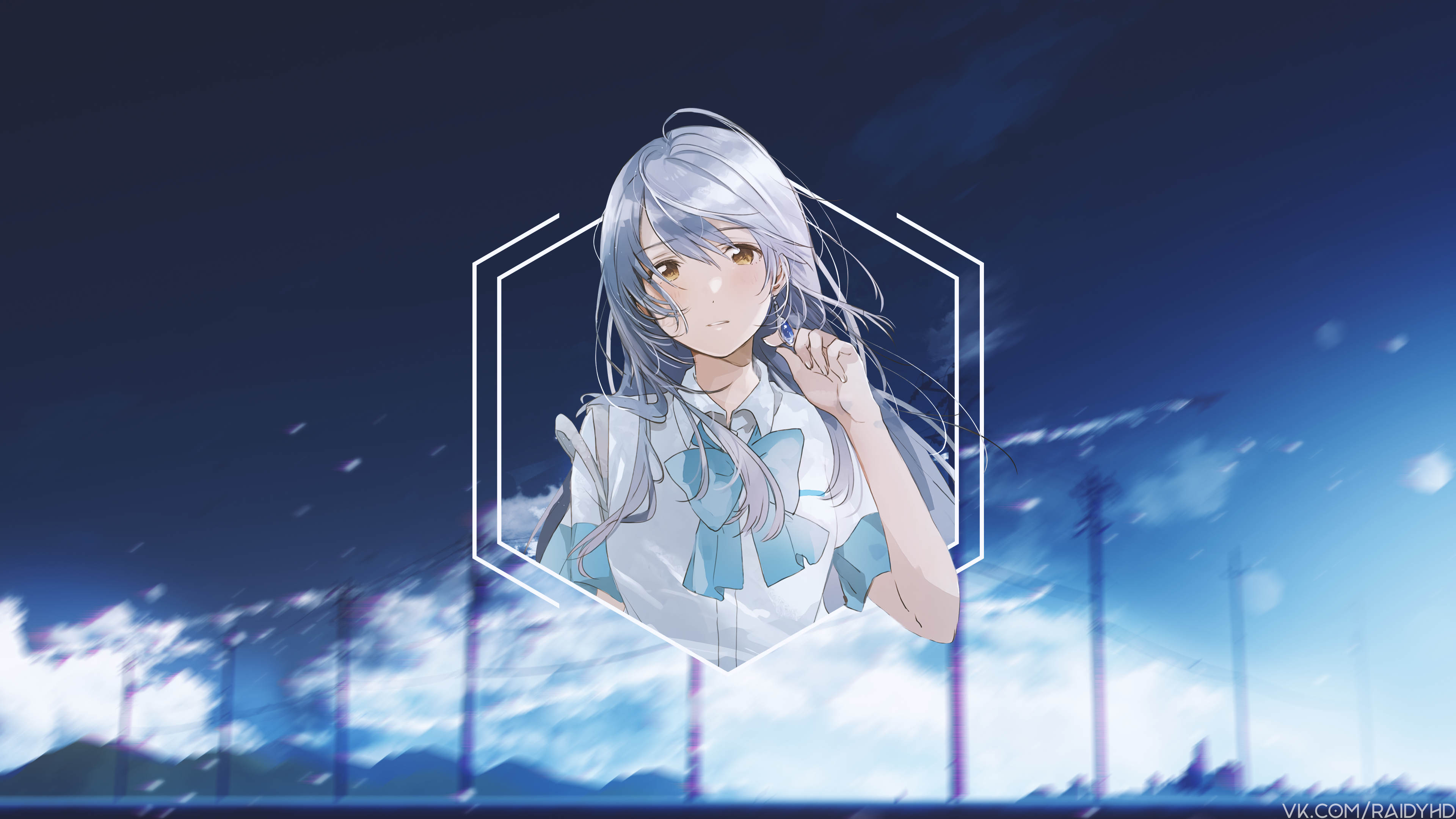 Anime girl with white hair in a hexagon frame HD Wallpaper