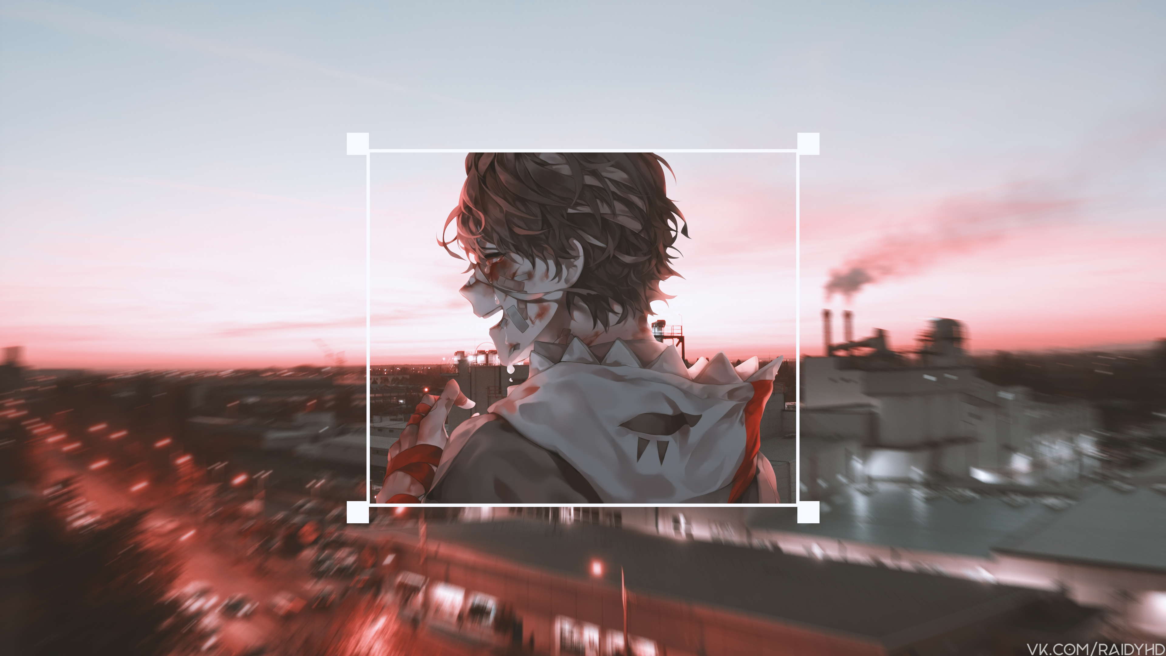 Anime boy in picture-in-picture with cityscape at sunset HD Wallpaper