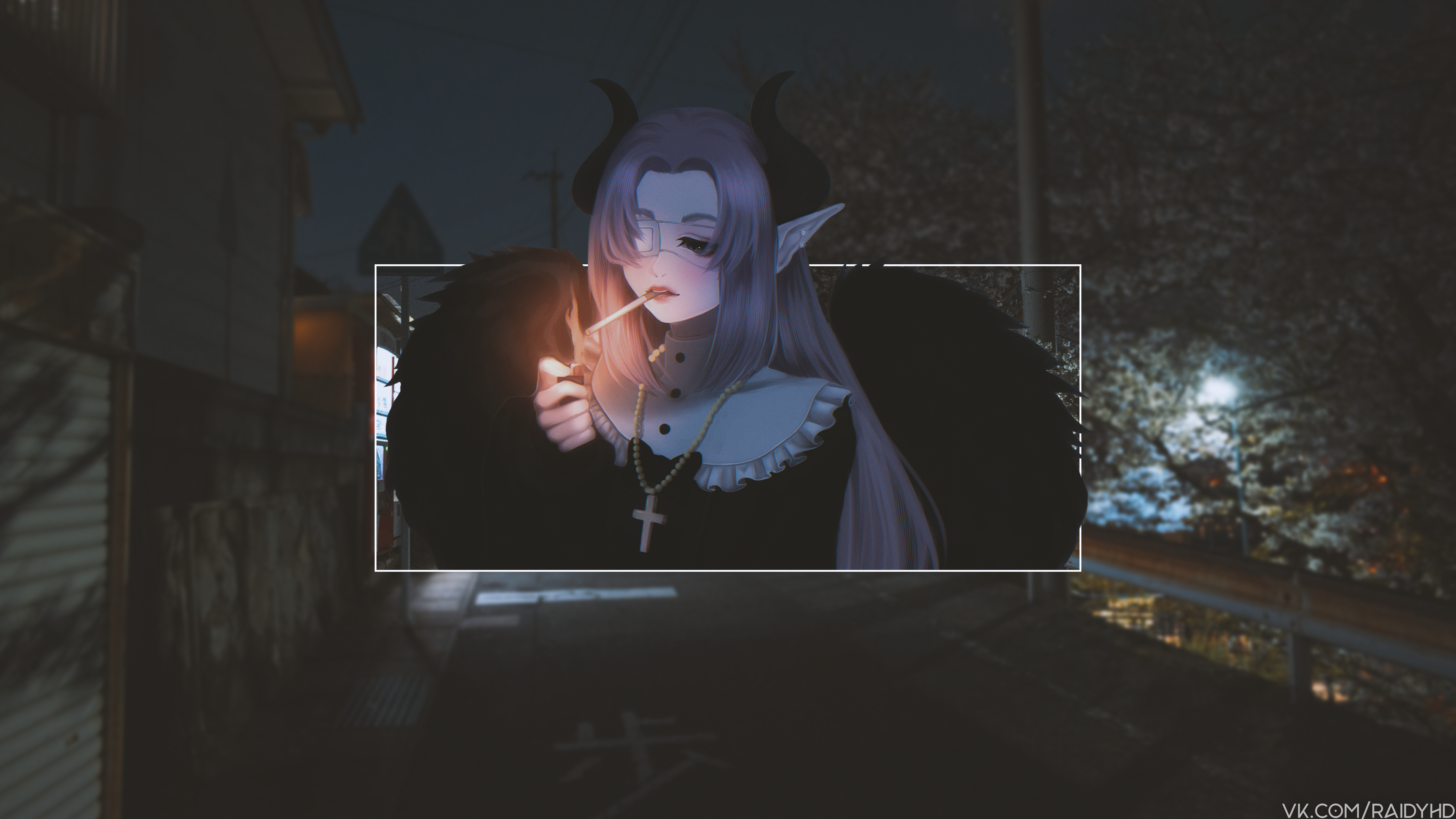 Anime girl with horns lighting a cigarette HD Wallpaper