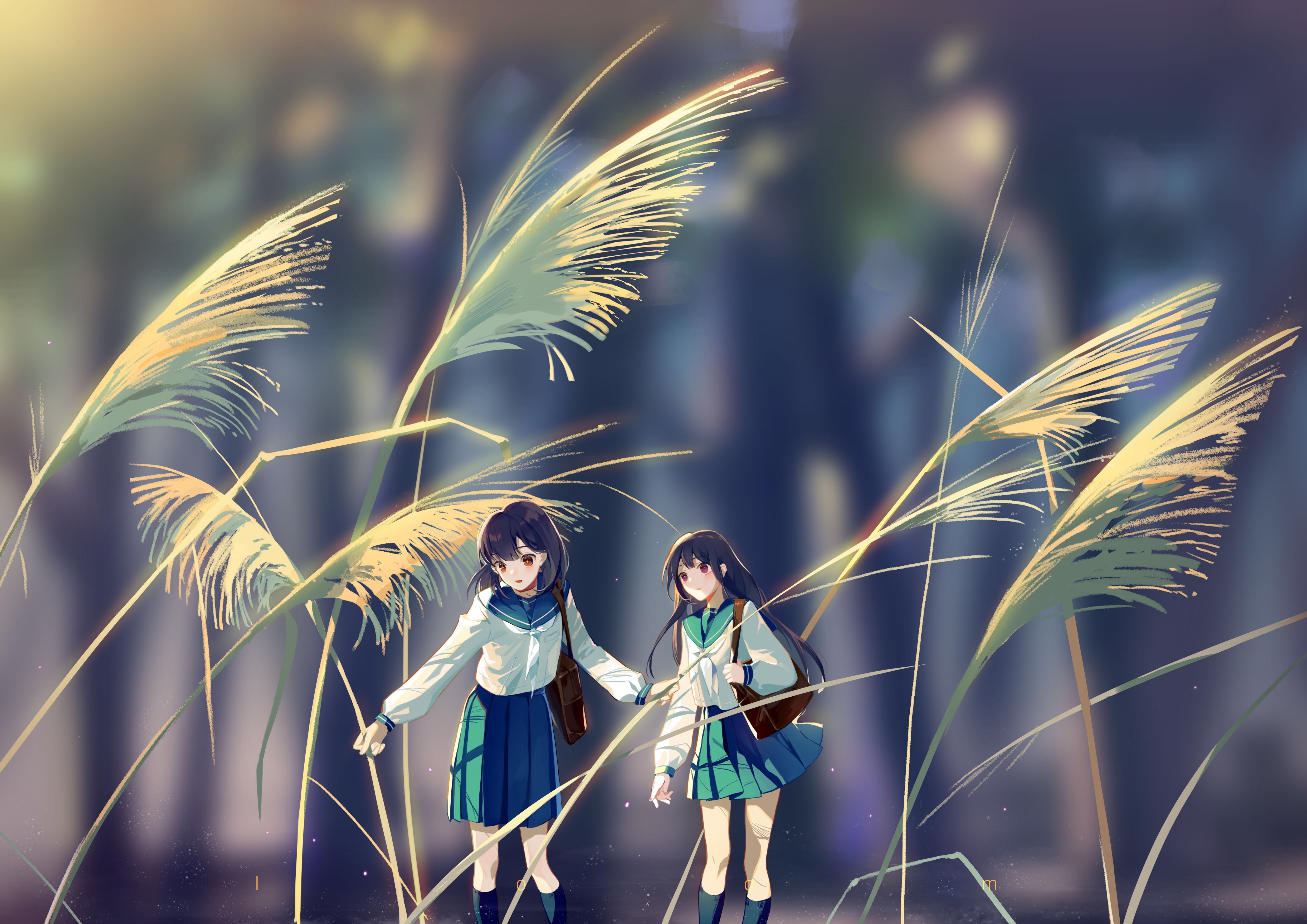 Two anime girls in school uniforms walking through plants HD Wallpaper