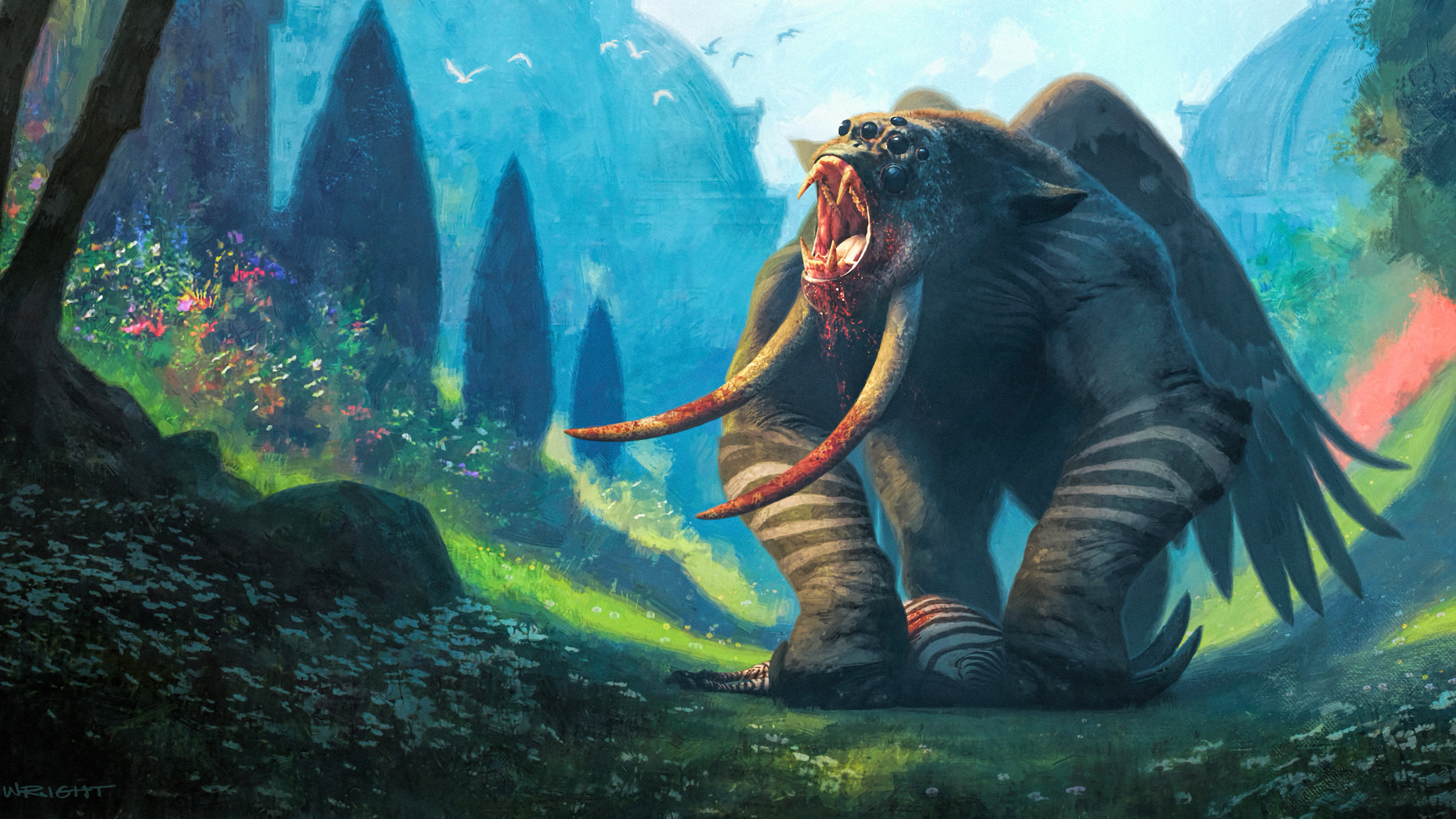 Mutant creature with tusks and wings in a forest HD Wallpaper