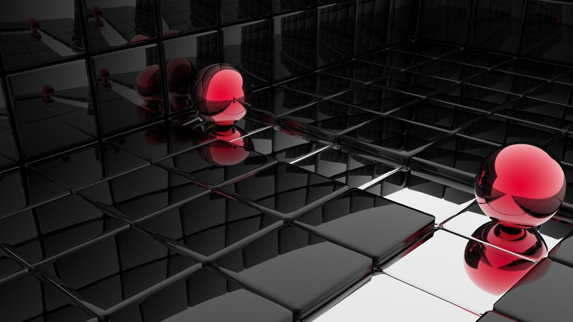 3D abstract red spheres on reflective black grid HD Wallpaper