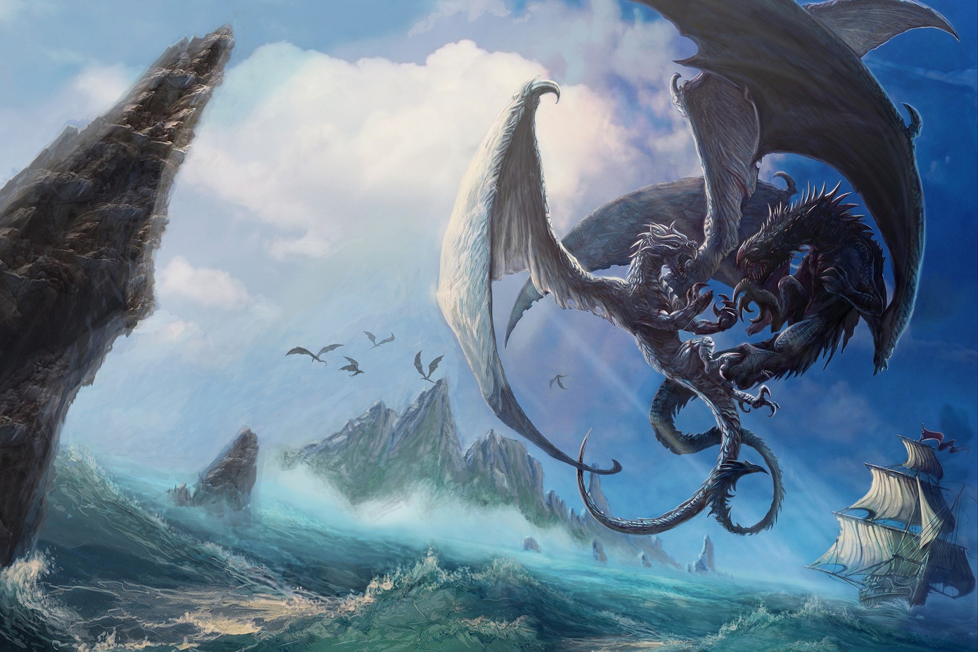 Two dragons fighting over a stormy sea with a sailing ship HD Wallpaper