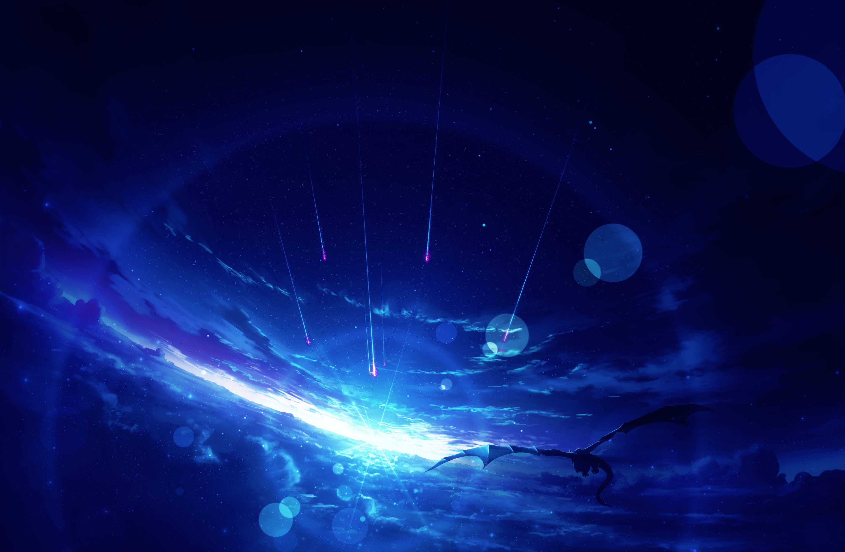 Dragon flying through a starry sky with meteors HD Wallpaper