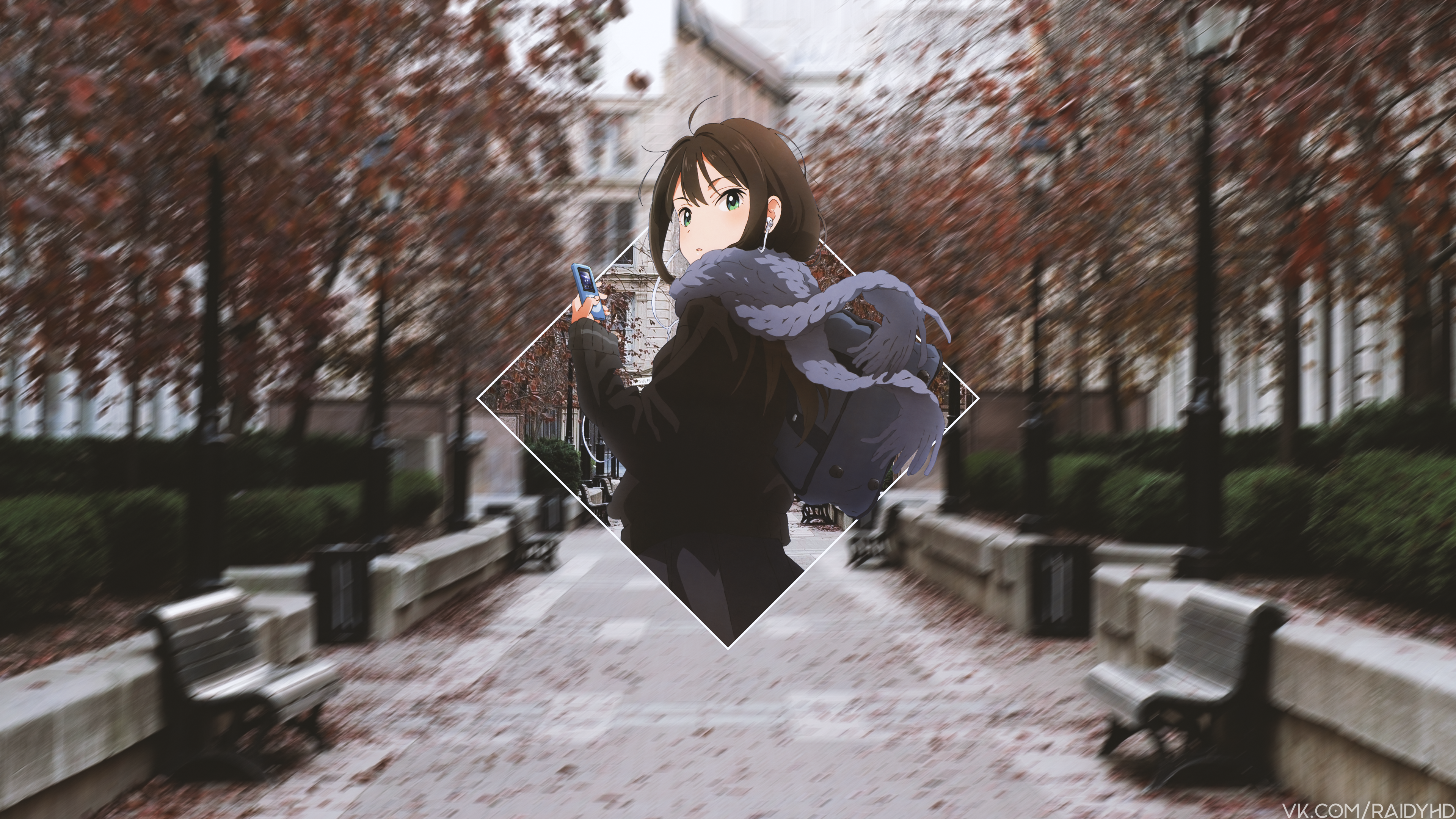 Anime girl with backpack and phone on street HD Wallpaper