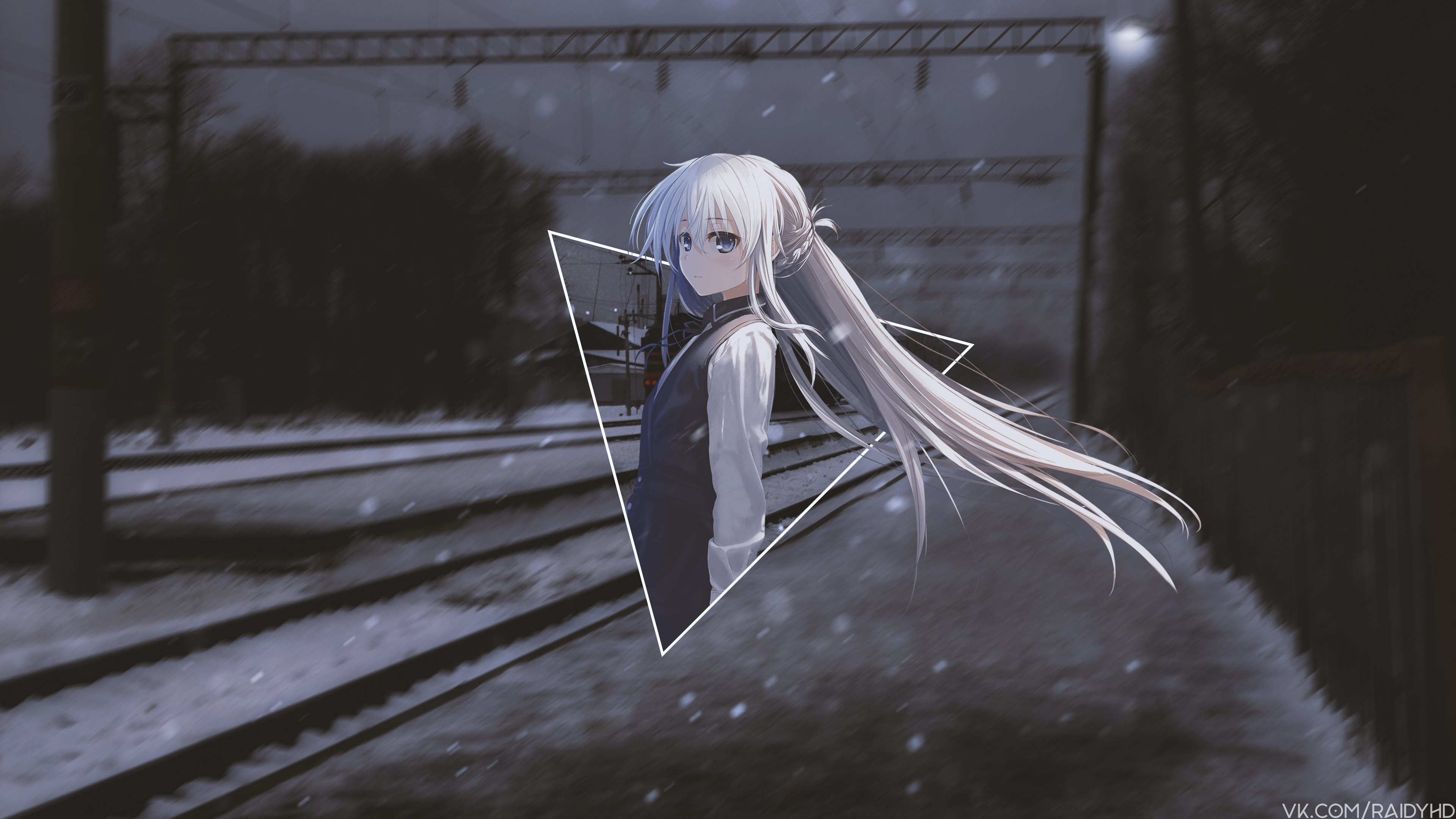 Anime girl with white hair on train tracks HD Wallpaper