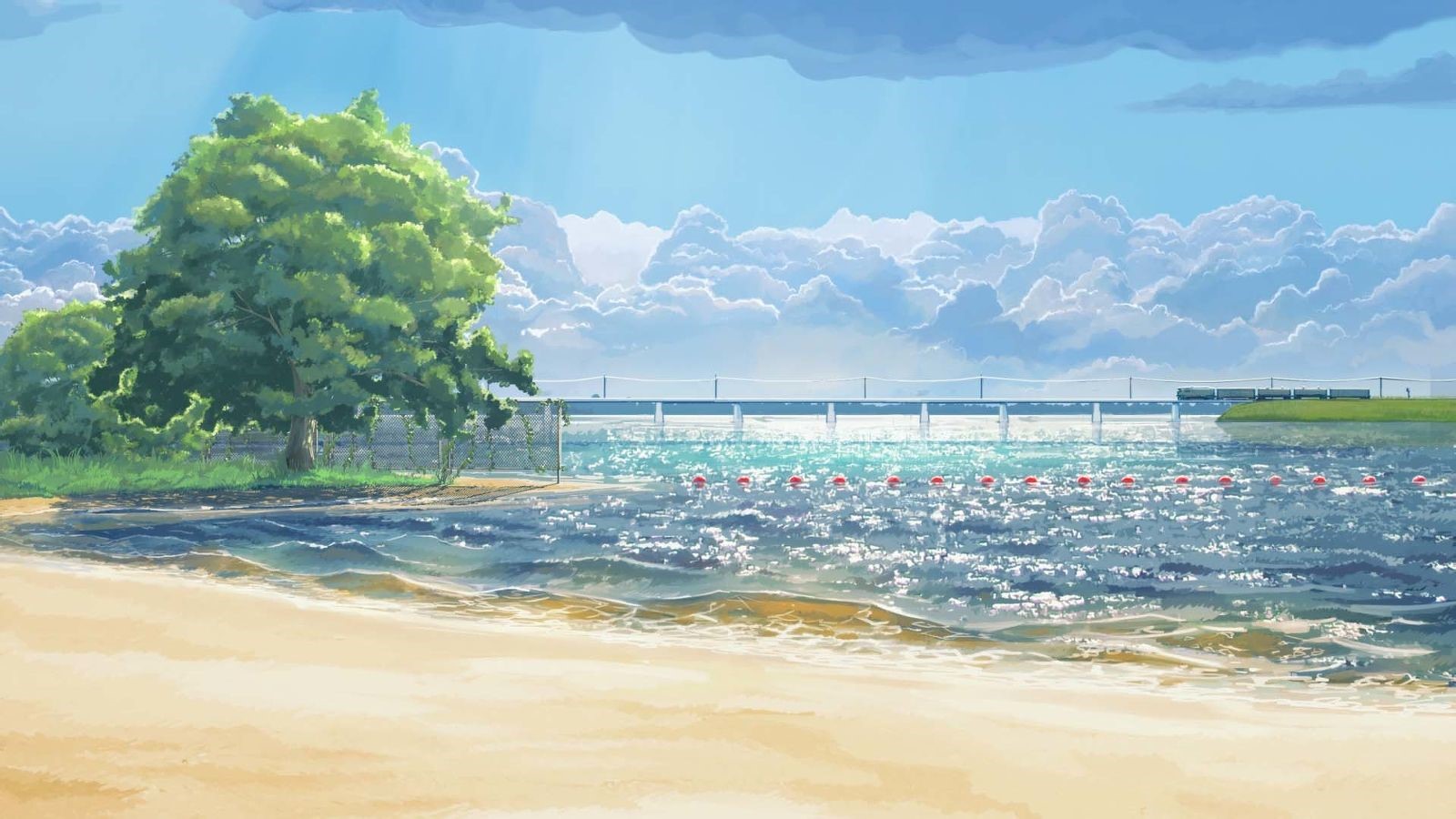 Anime beach with a bridge and train HD Wallpaper