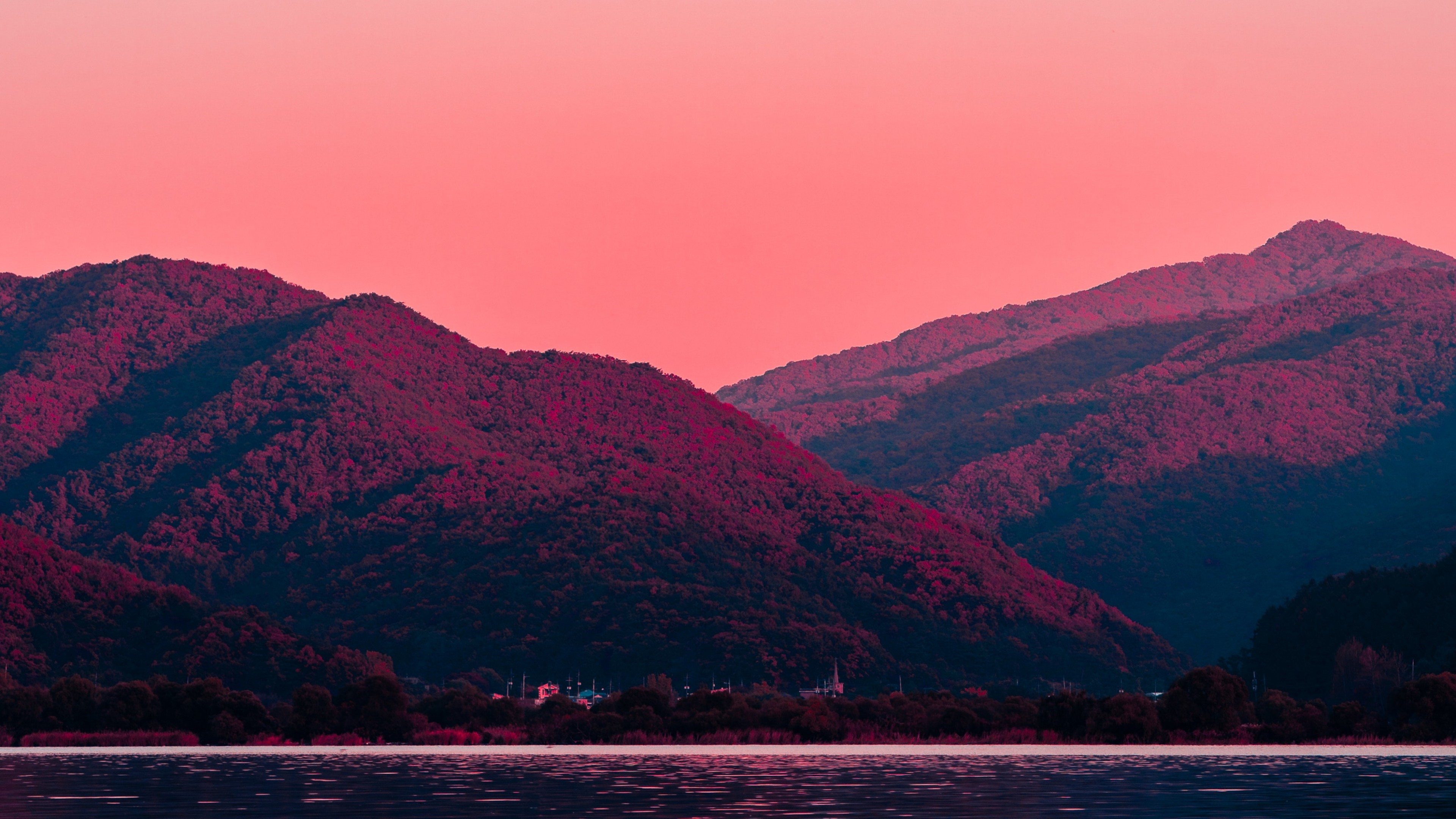 Mountains at sunset with lake HD Wallpaper