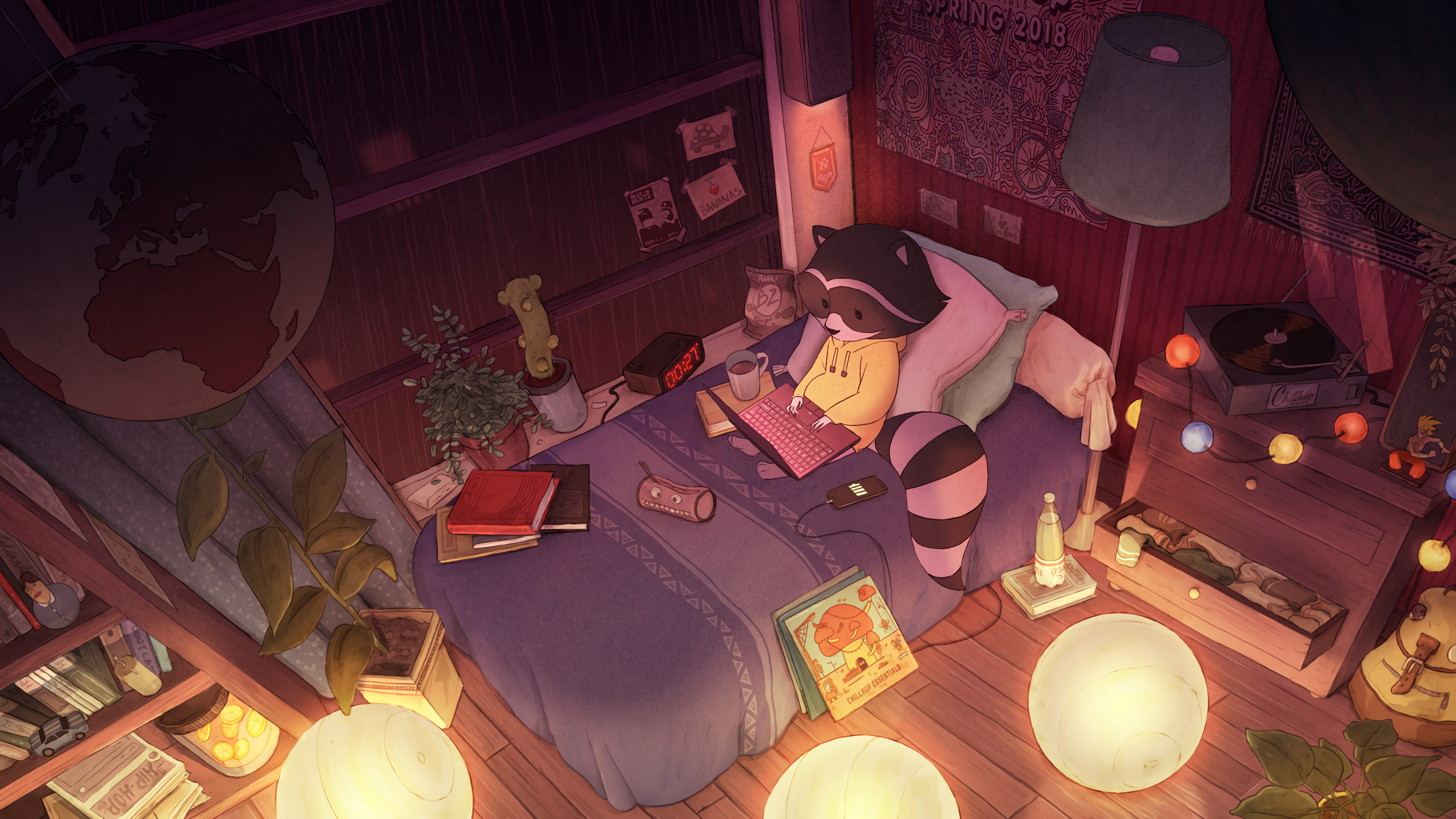 Anthro raccoon on a bed with a laptop HD Wallpaper