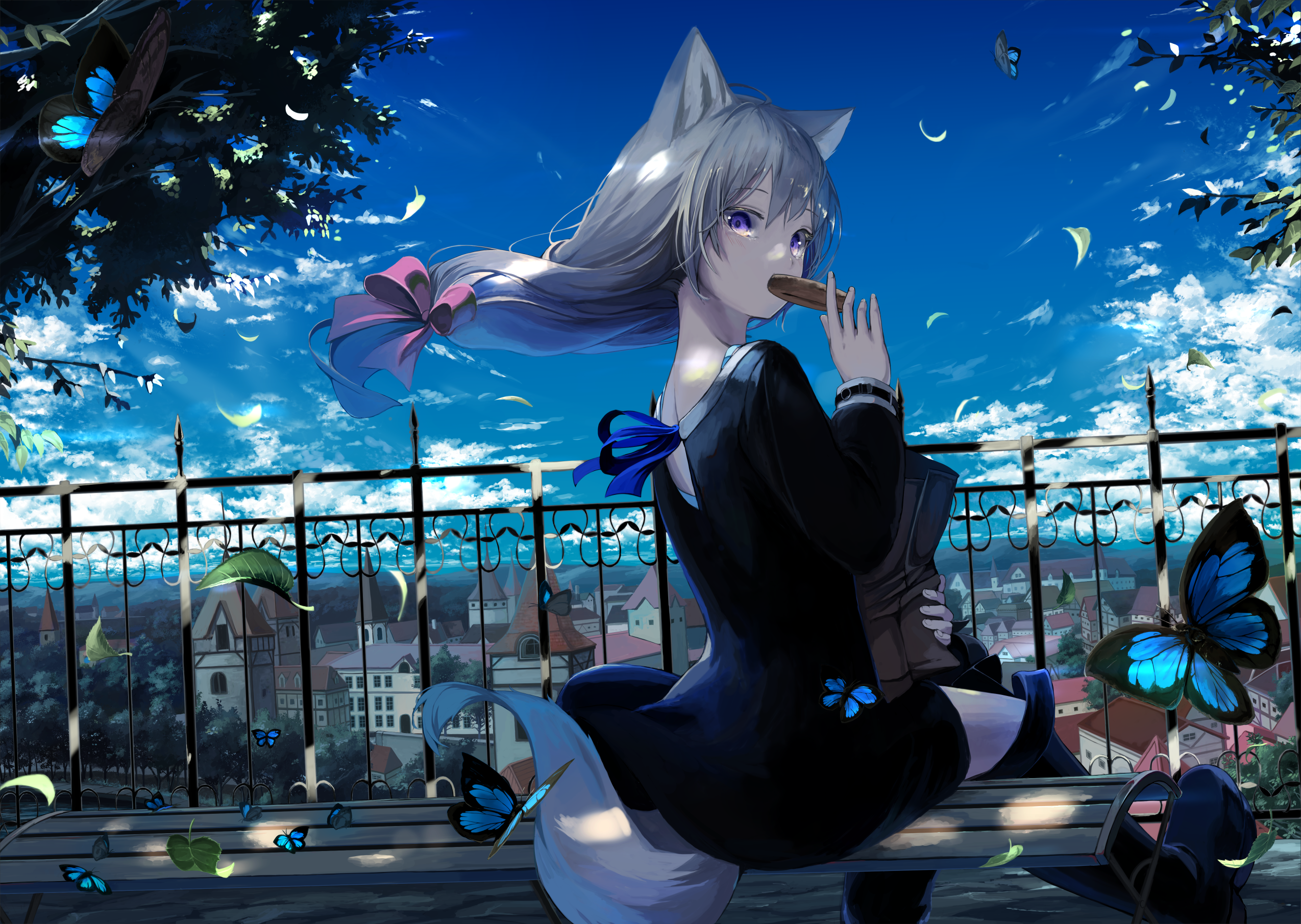 Anime girl with wolf ears eating on a bench HD Wallpaper