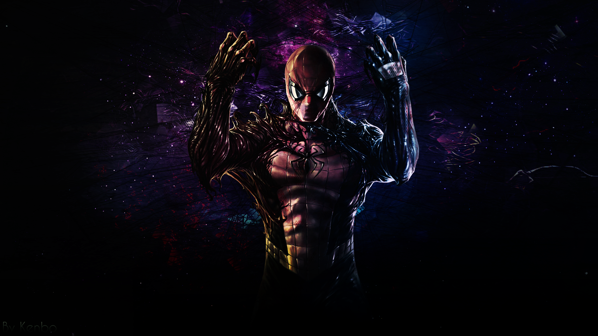Spider-Man with Venom symbiote against cosmic background HD Wallpaper