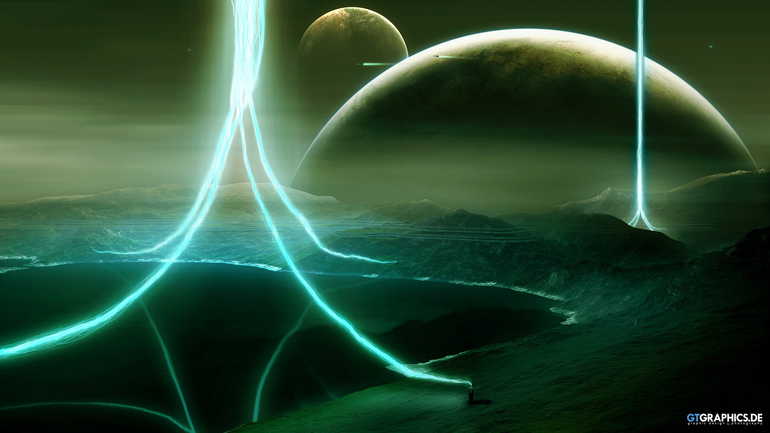 Futuristic planet with glowing energy beams and moons HD Wallpaper