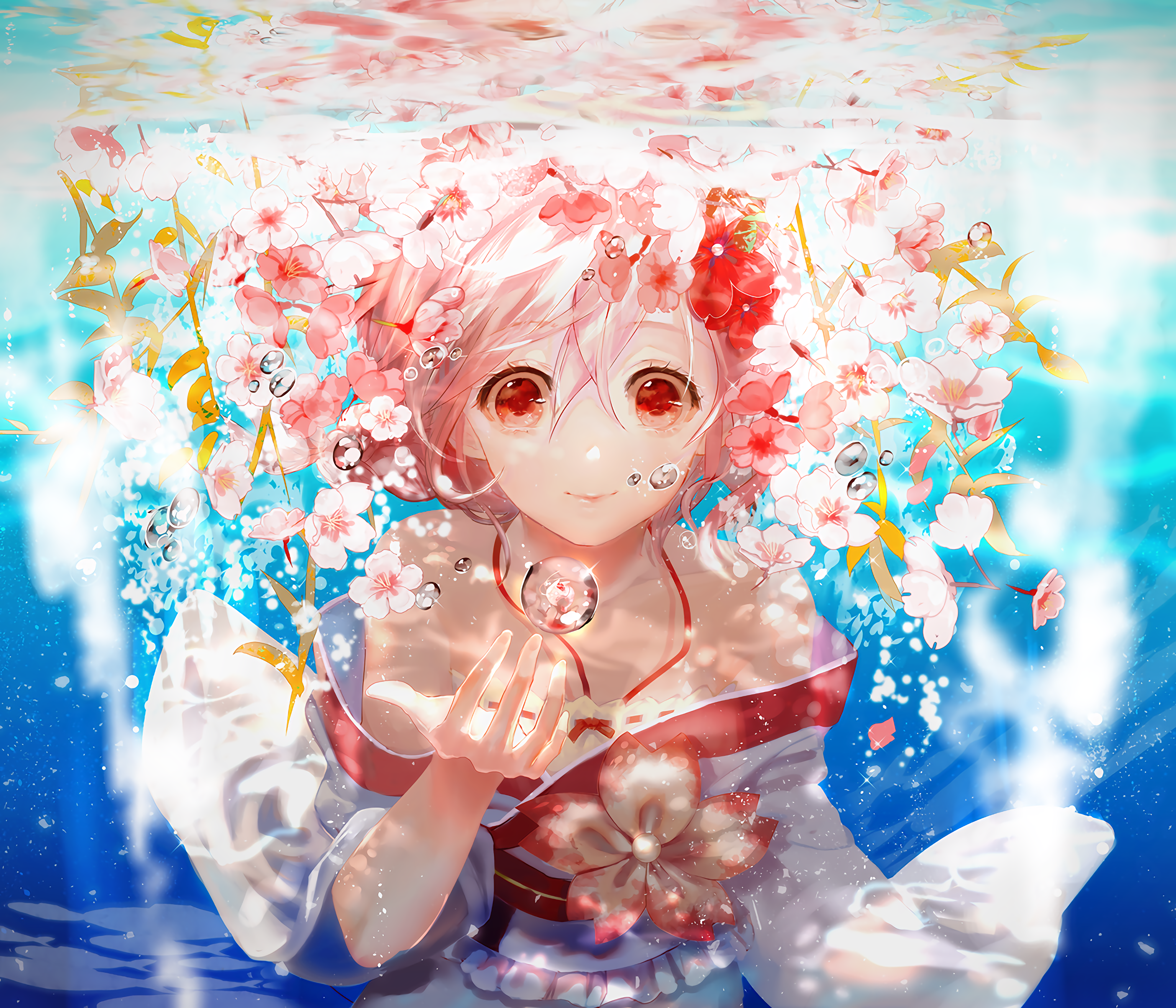 Anime girl with pink hair and red eyes underwater with flowers HD Wallpaper